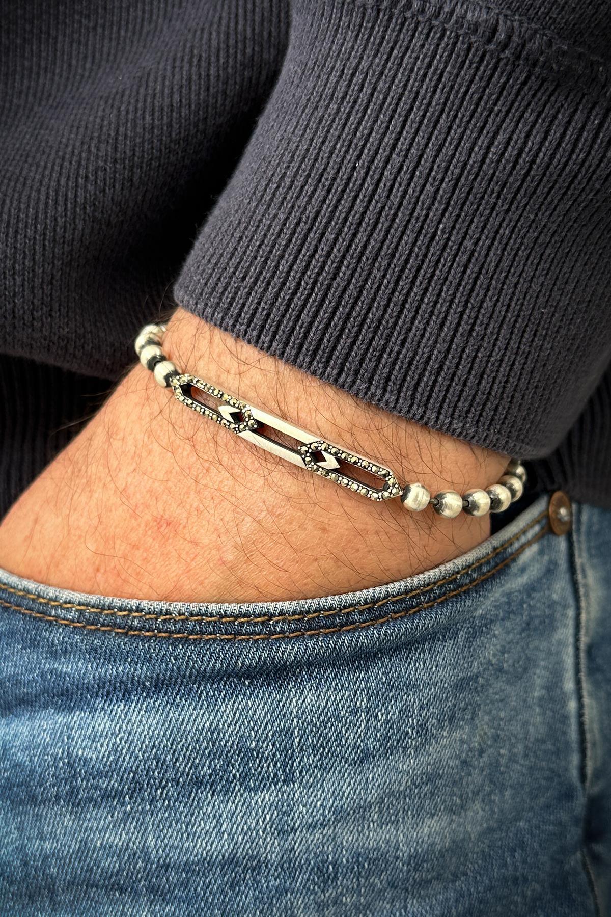 FRNCH 925 Ayar Gümüş İtalyan Model Zirkon Taşlı Gümüş Renk Erkek Bileklik FRJ12163-3163-A