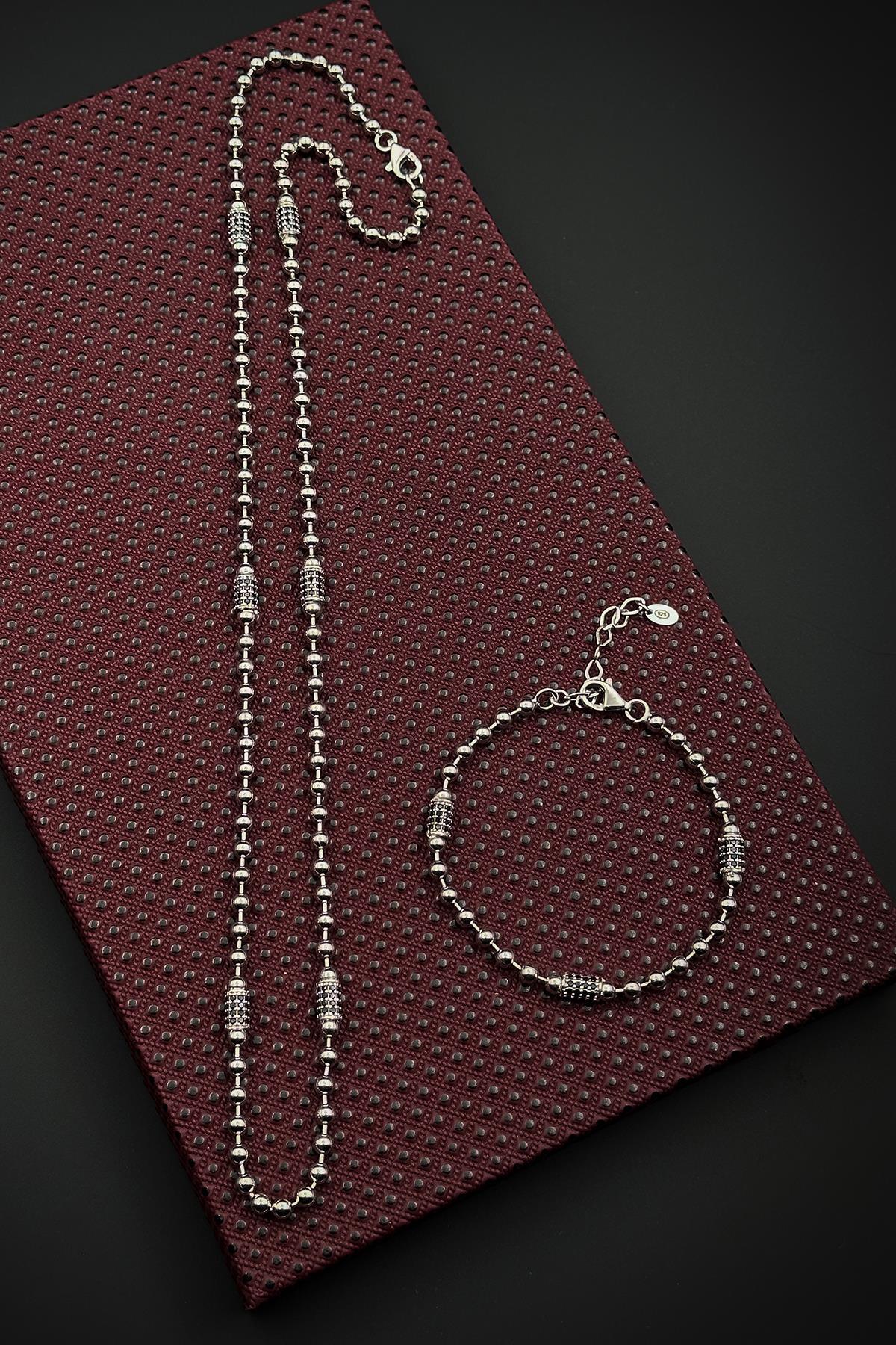 FRNCH 925 Ayar Gümüş İtalyan Model Zirkon Taşlı Gümüş Renk Erkek Bileklik/Kolye Set FRJ12611-3611-A