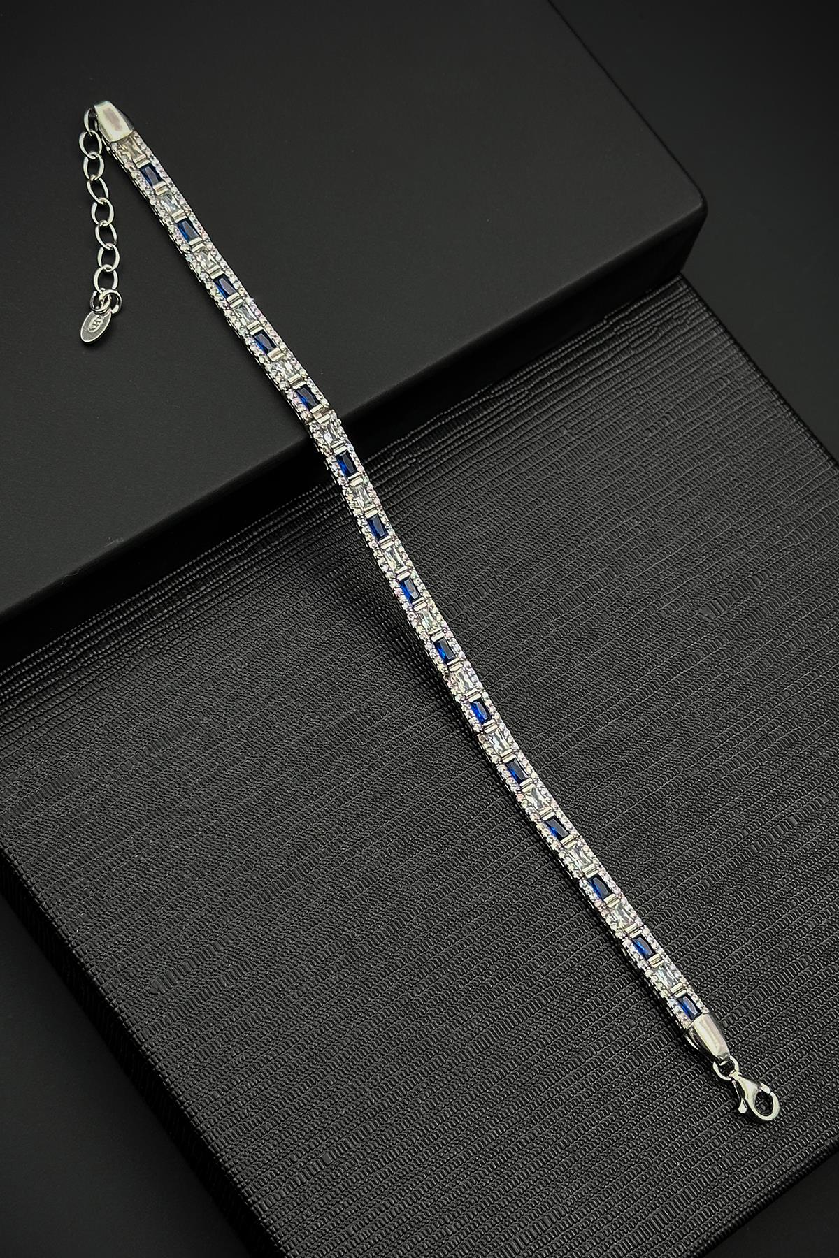 FRNCH 925 Ayar Gümüş İtalyan Model Zirkon Taşlı Lacivert-Beyaz Renk Erkek Bileklik FRJ12181-3181-LA2