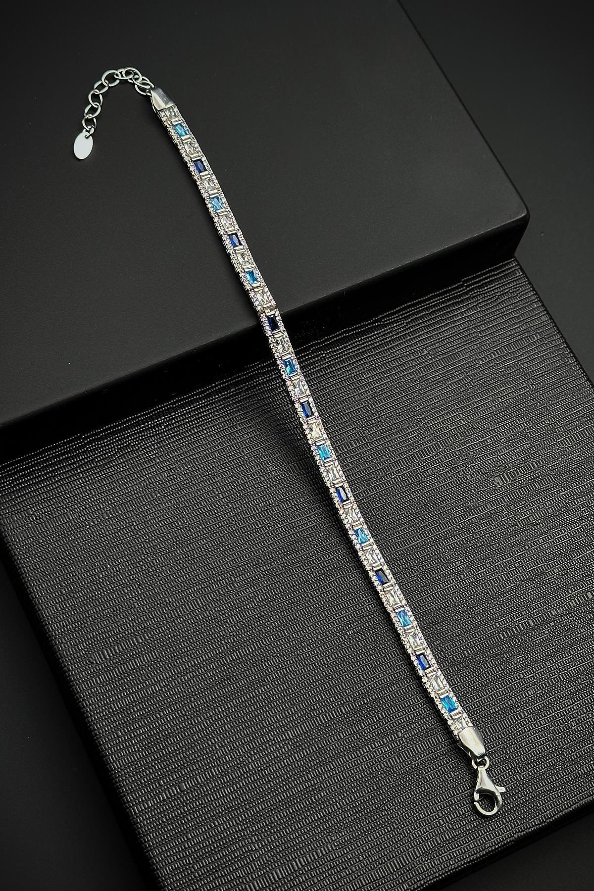 FRNCH 925 Ayar Gümüş İtalyan Model Zirkon Taşlı Lacivert-Mavi Renkli Erkek Bileklik FRJ12181-3181-LMA