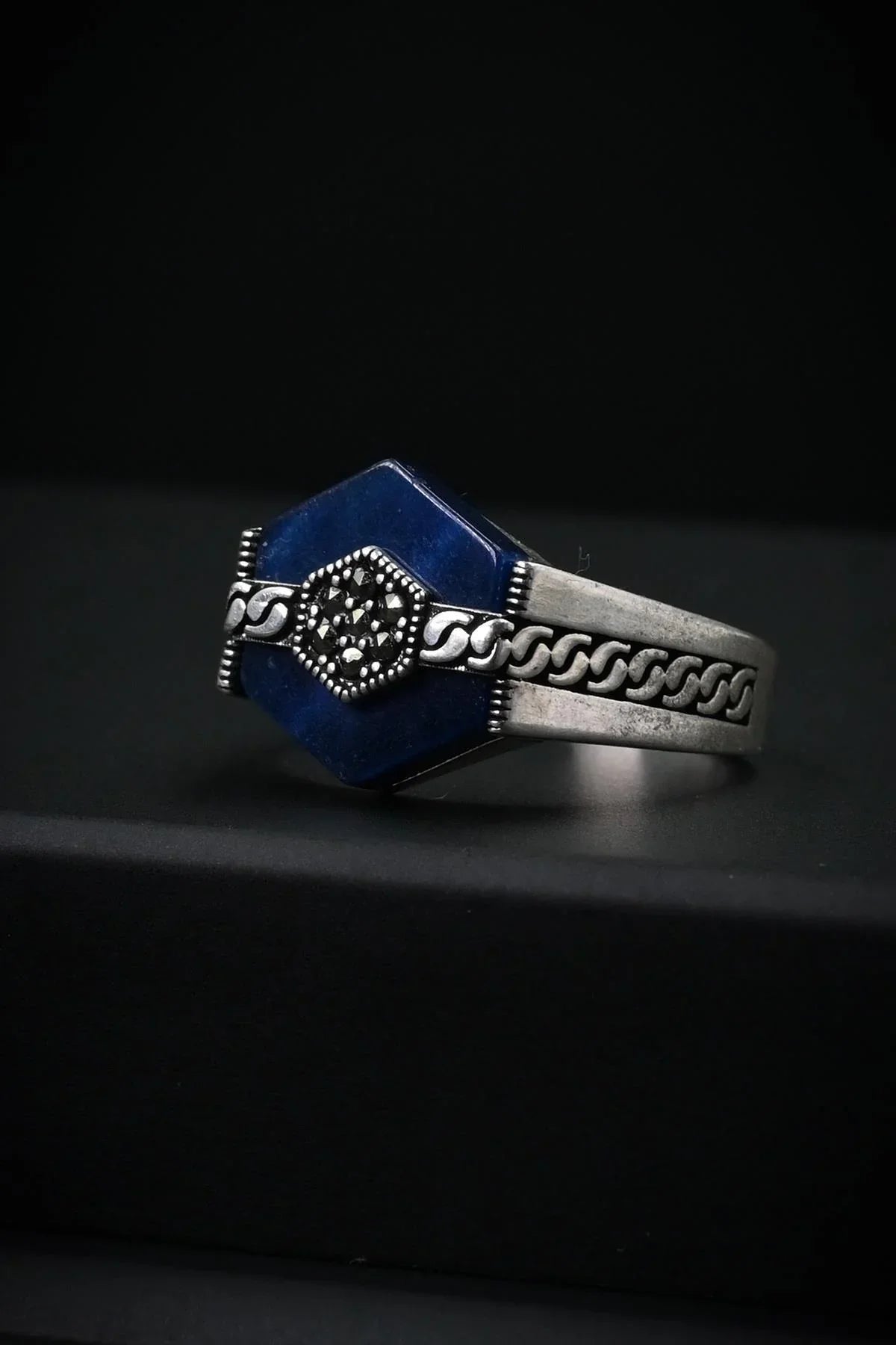 FRNCH 925 Ayar Gümüş İtalyan Model Zirkon Taşlı Lacivert Renk Erkek Yüzük FRJ60051-151-L