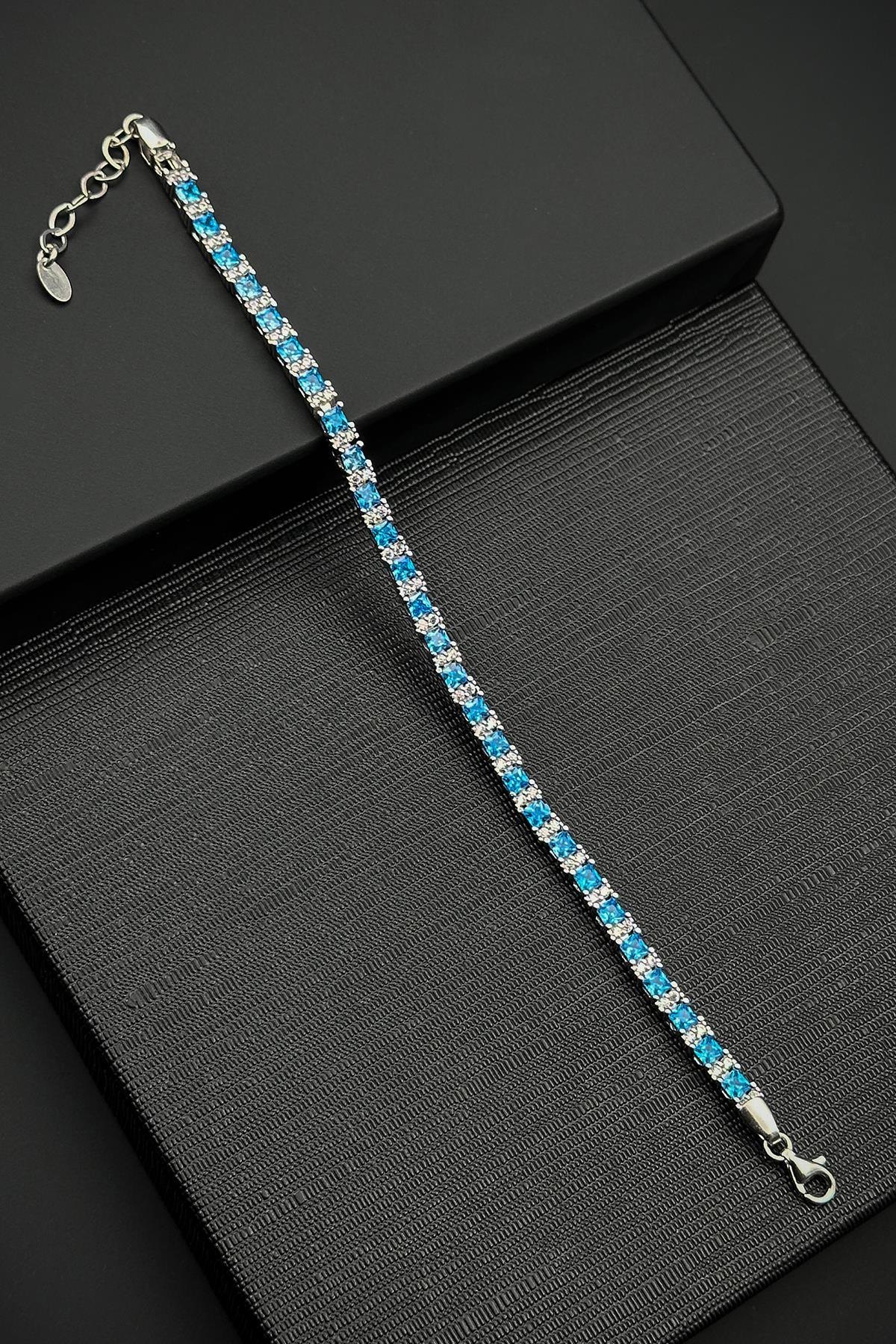 FRNCH 925 Ayar Gümüş İtalyan Model Zirkon Taşlı Mavi Renk Erkek Bileklik FRJ12181-3181-M4