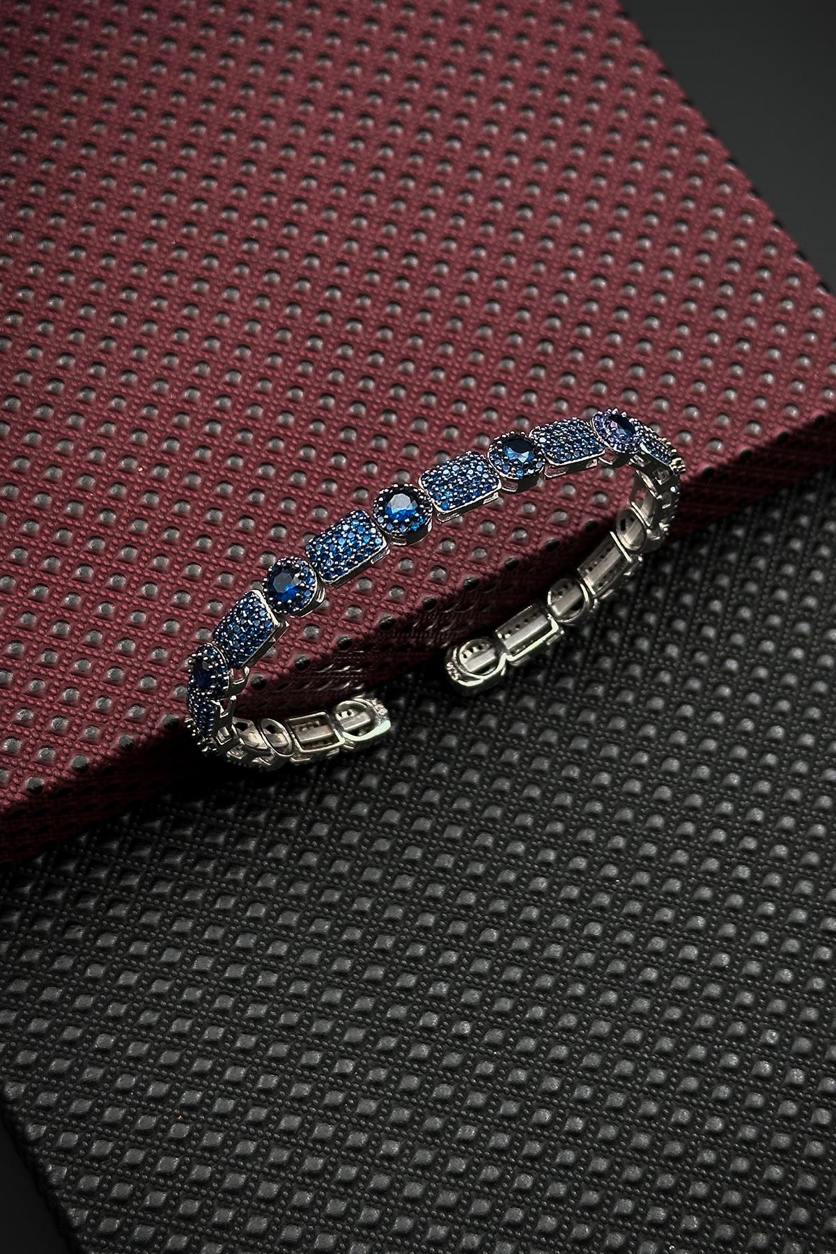 FRNCH 925 Ayar Gümüş İtalyan Model Zirkon Taşlı Lacivert Renk Erkek Bileklik FRJ12318-3318-L