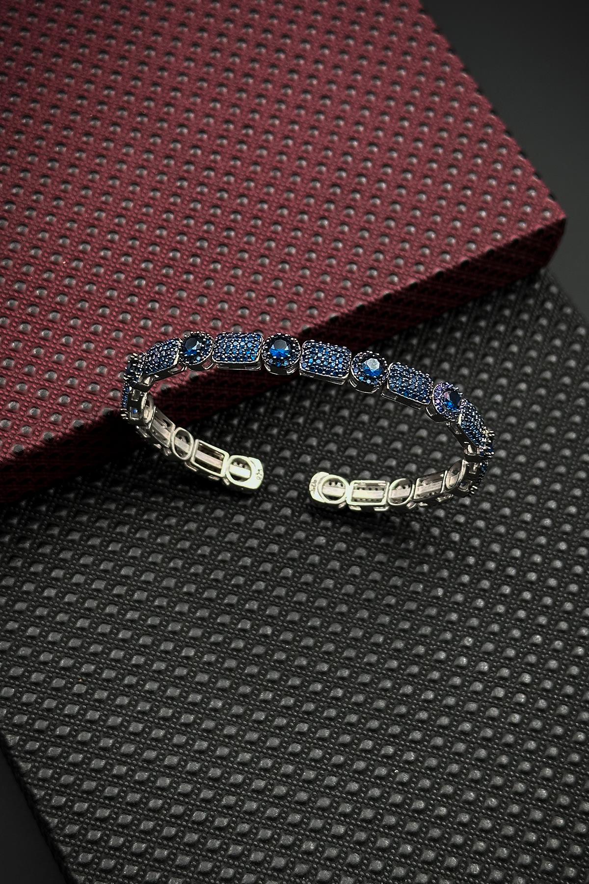 FRNCH 925 Ayar Gümüş İtalyan Model Zirkon Taşlı Lacivert Renk Erkek Bileklik FRJ12318-3318-L