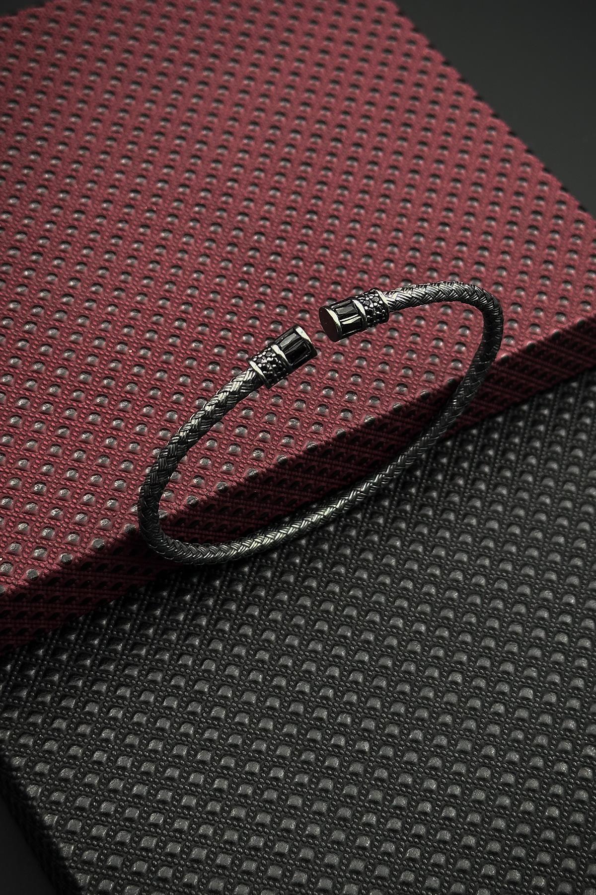 FRNCH 925 Ayar Gümüş İtalyan Model Zirkon Taşlı Siyah Renk Erkek Bileklik FRJ12623-3623-S