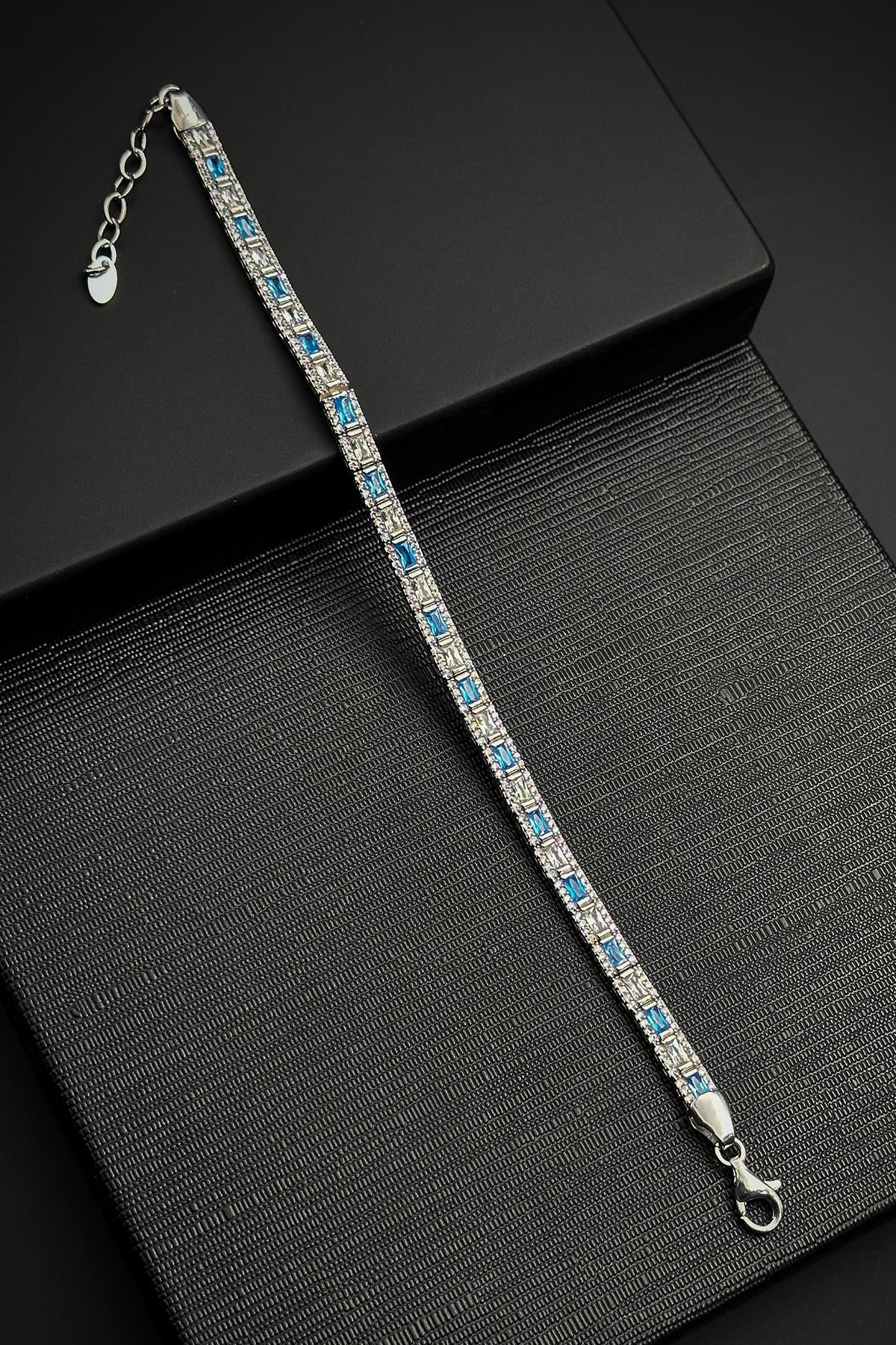 FRNCH 925 Ayar Gümüş İtalyan Model Zirkon Taşlı Turkuaz-Beyaz Renkli Erkek Bileklik FRJ12181-3181-MA3