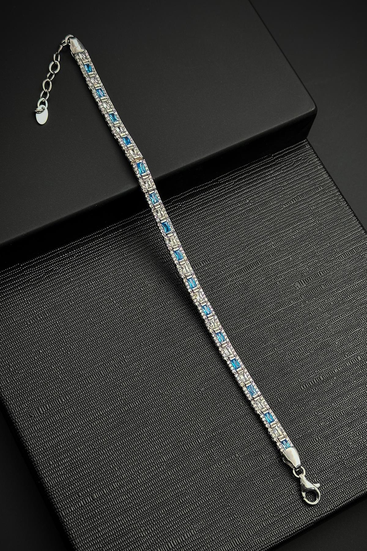 FRNCH 925 Ayar Gümüş İtalyan Model Zirkon Taşlı Turkuaz-Beyaz Renkli Erkek Bileklik FRJ12181-3181-MA3