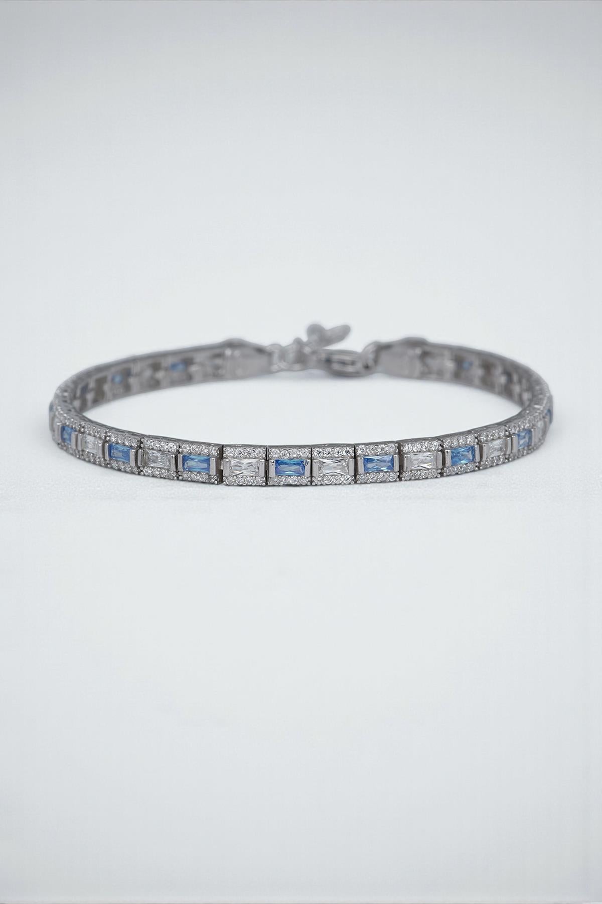 FRNCH 925 Ayar Gümüş İtalyan Model Zirkon Taşlı Turkuaz-Beyaz Renkli Erkek Bileklik FRJ12181-3181-MA3