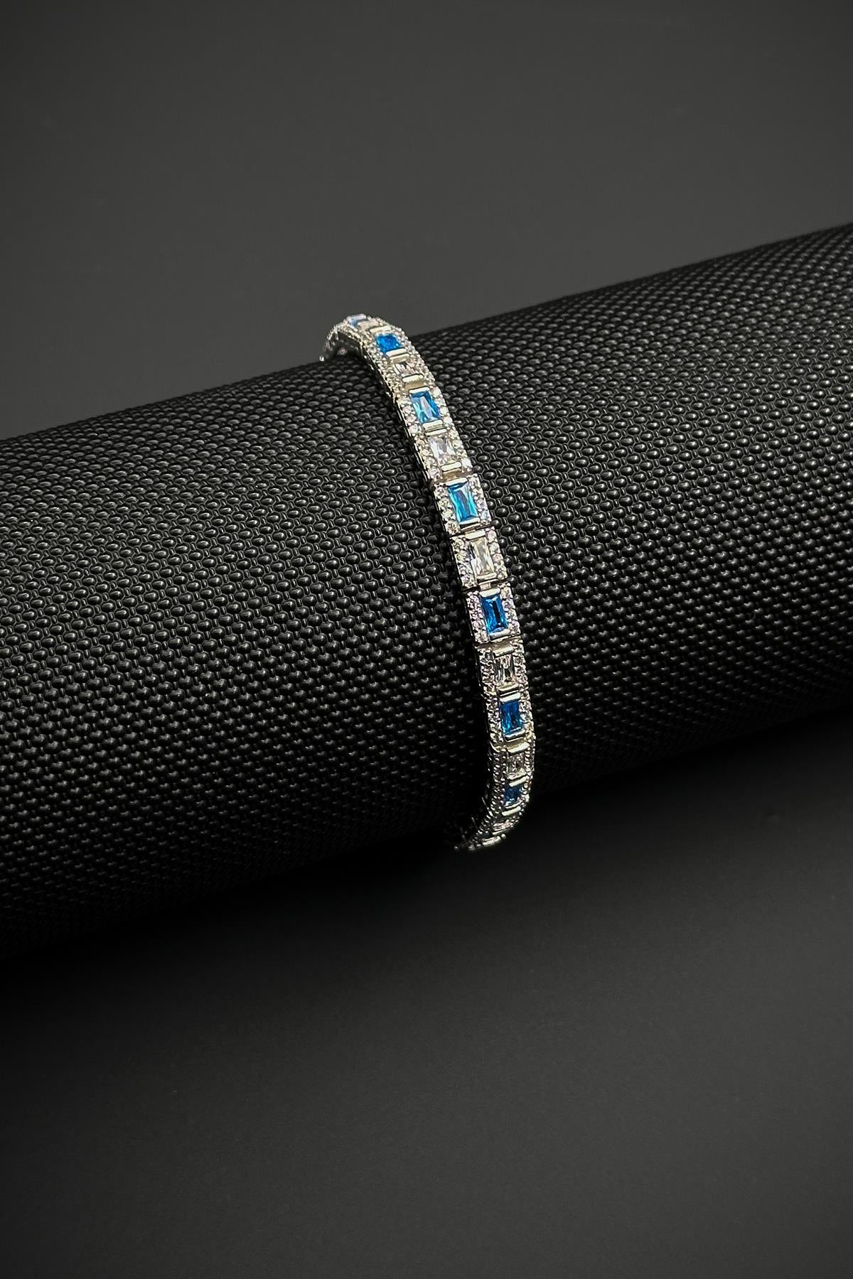 FRNCH 925 Ayar Gümüş İtalyan Model Zirkon Taşlı Turkuaz-Beyaz Renkli Erkek Bileklik FRJ12181-3181-MA3