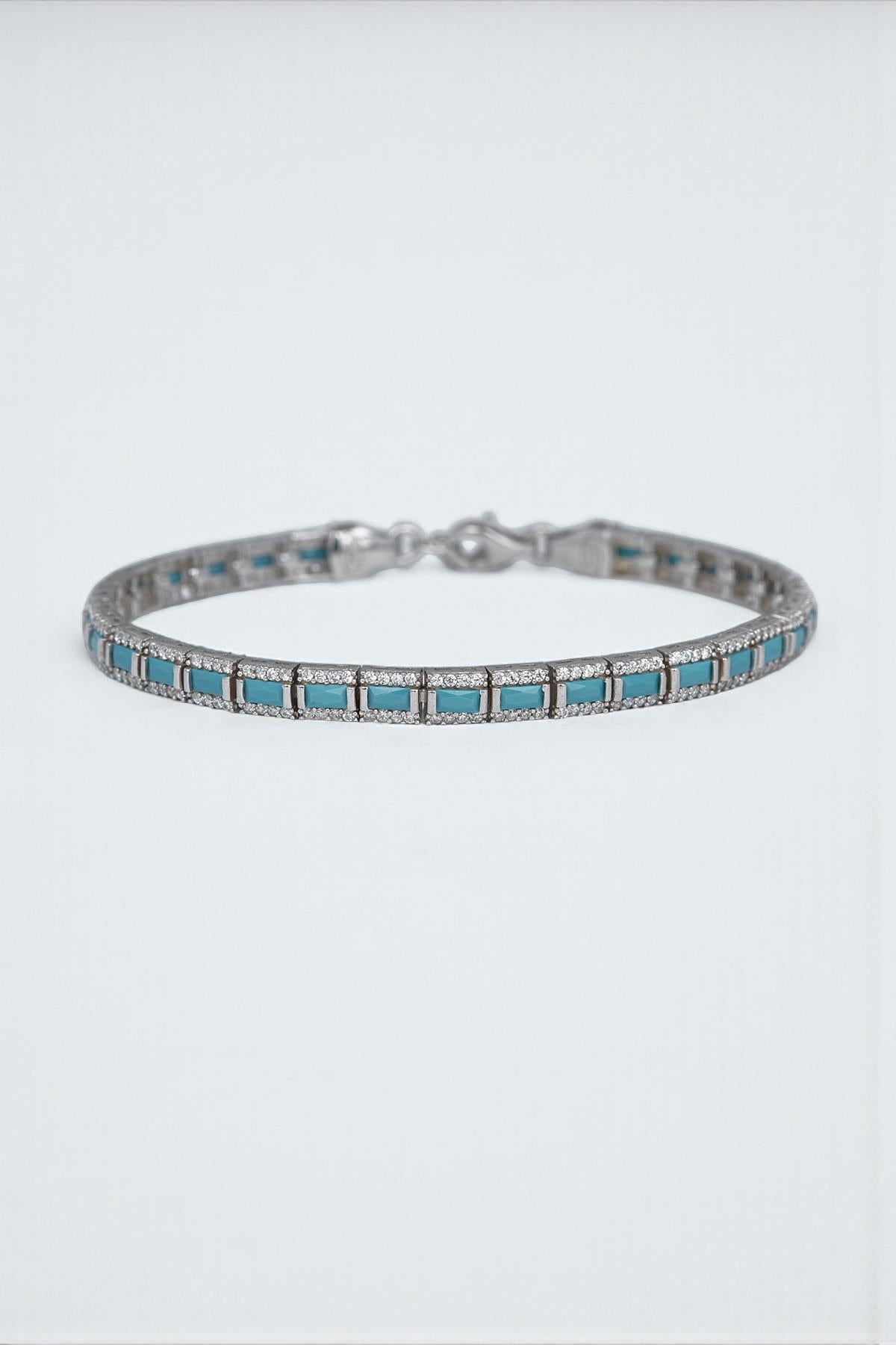 FRNCH 925 Ayar Gümüş İtalyan Model Zirkon Taşlı Turkuaz Renk Erkek Bileklik FRJ12181-3181-MA