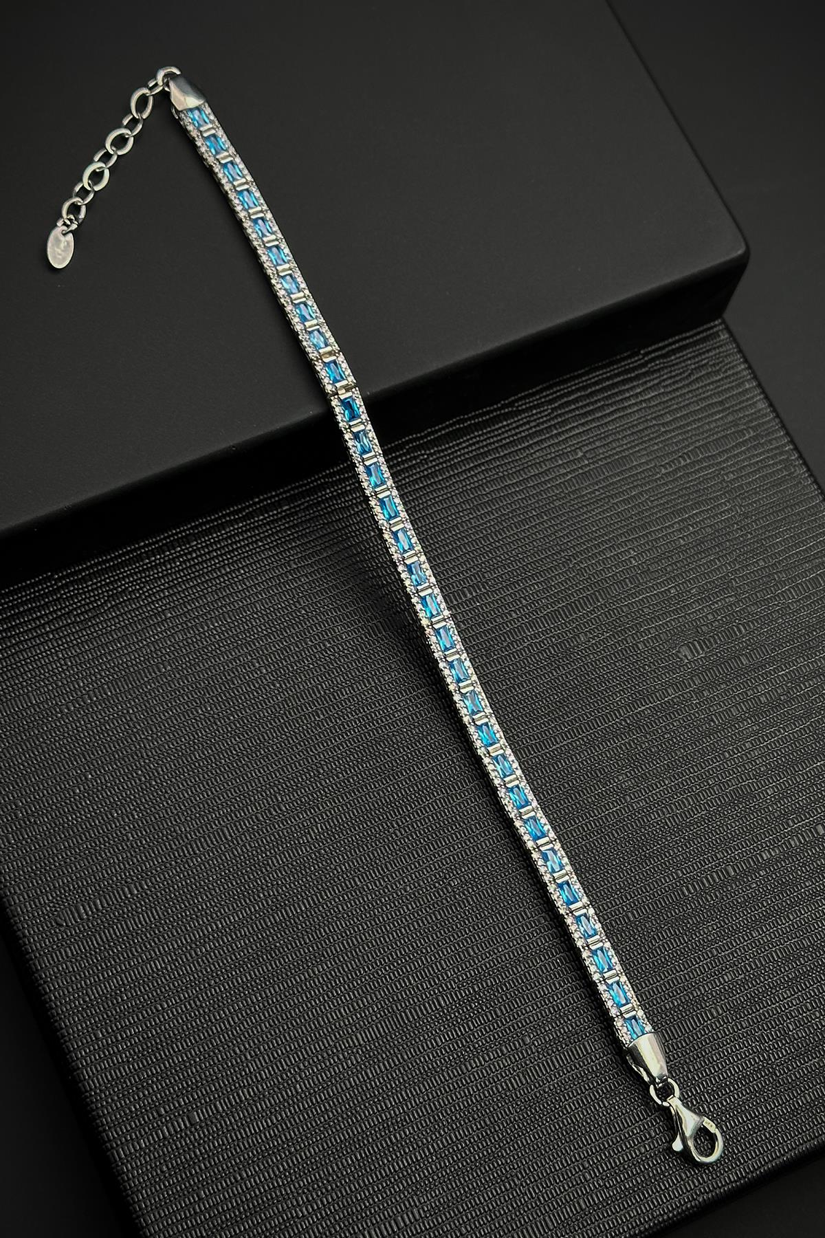 FRNCH 925 Ayar Gümüş İtalyan Model Zirkon Taşlı Turkuaz Renkli Erkek Bileklik FRJ12181-3181-MA2