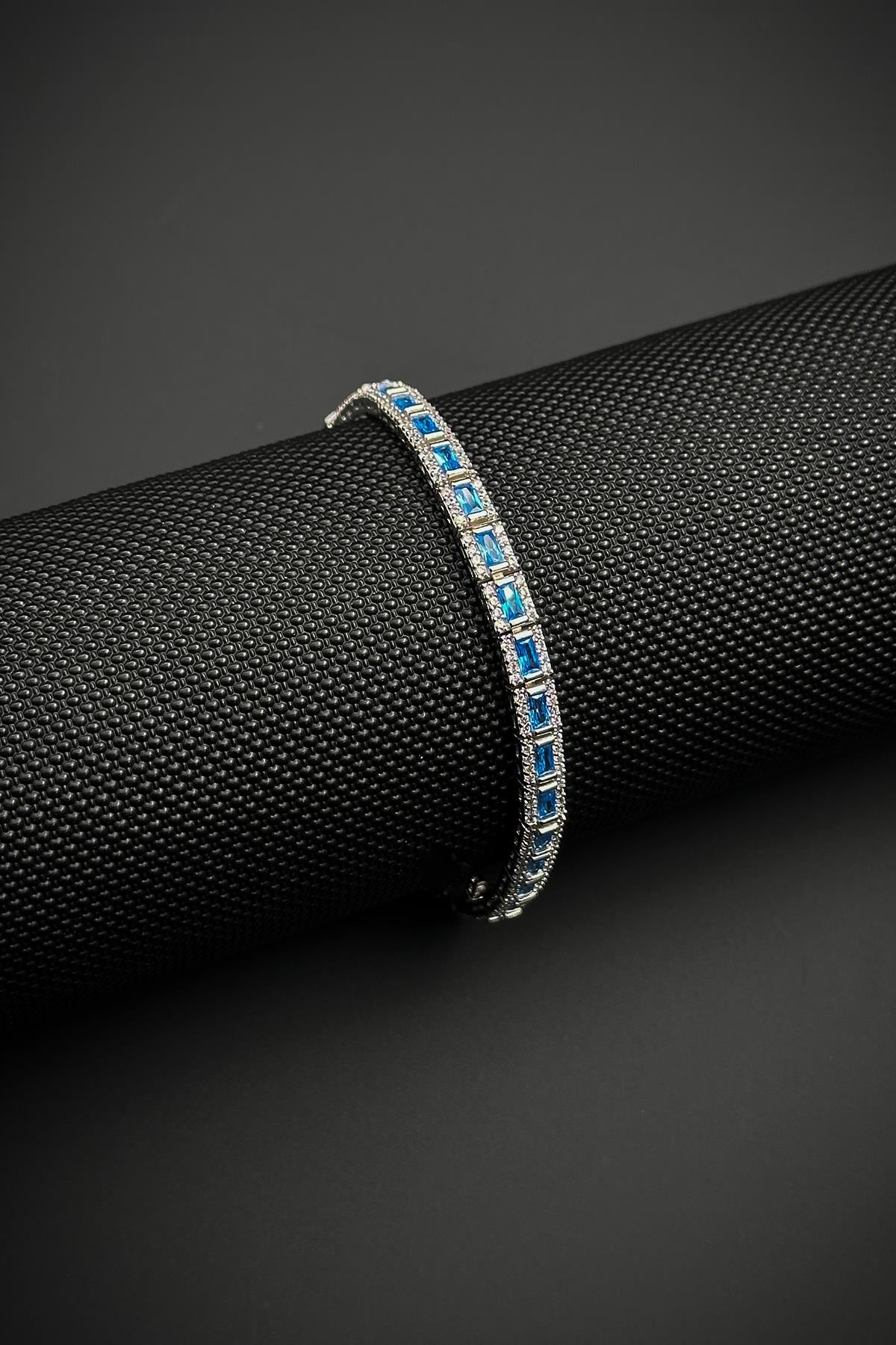 FRNCH 925 Ayar Gümüş İtalyan Model Zirkon Taşlı Turkuaz Renkli Erkek Bileklik FRJ12181-3181-MA2