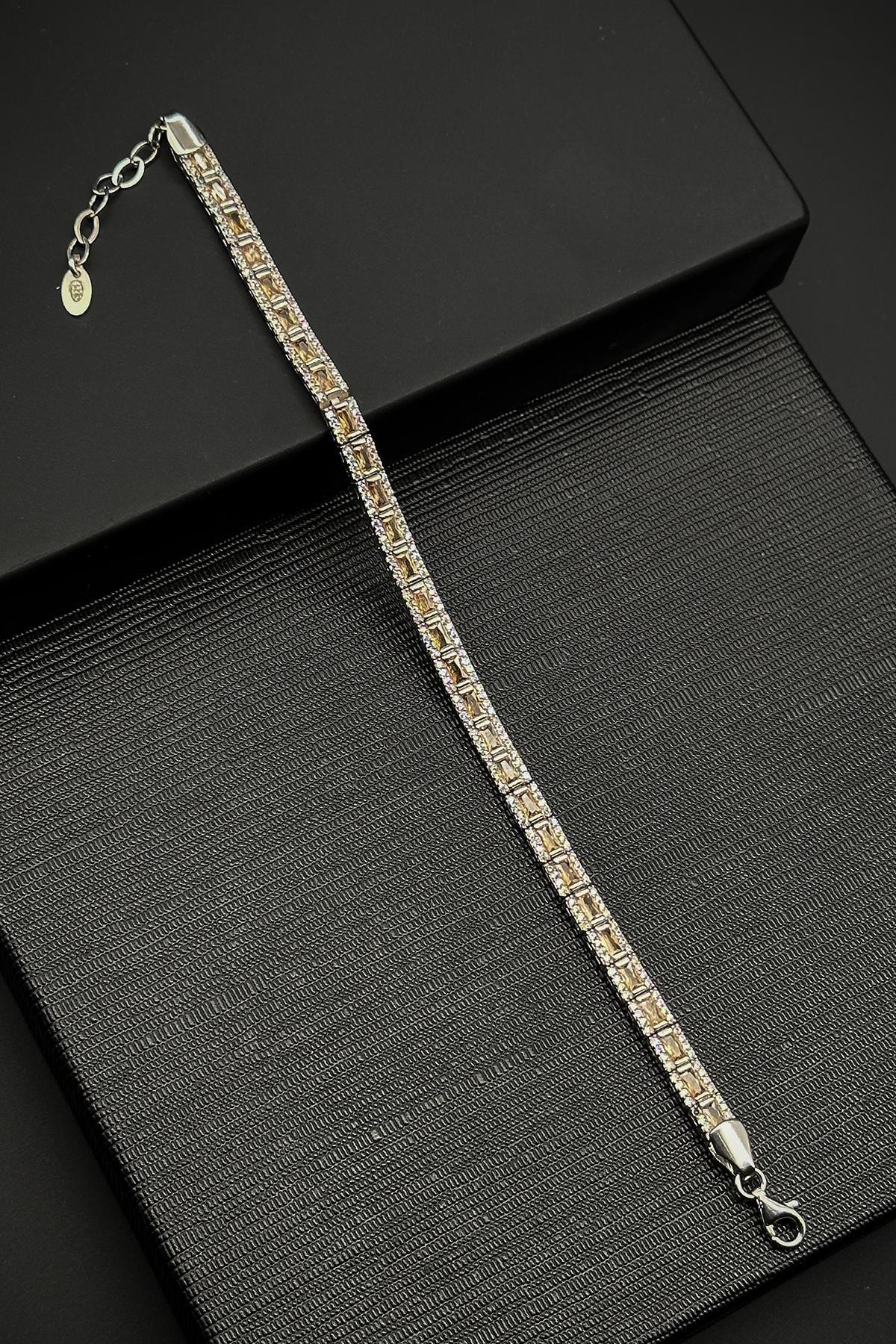 FRNCH 925 Ayar Gümüş İtalyan Model Zirkon Taşlı Turuncu Renk Erkek Bileklik FRJ12181-3181-AT