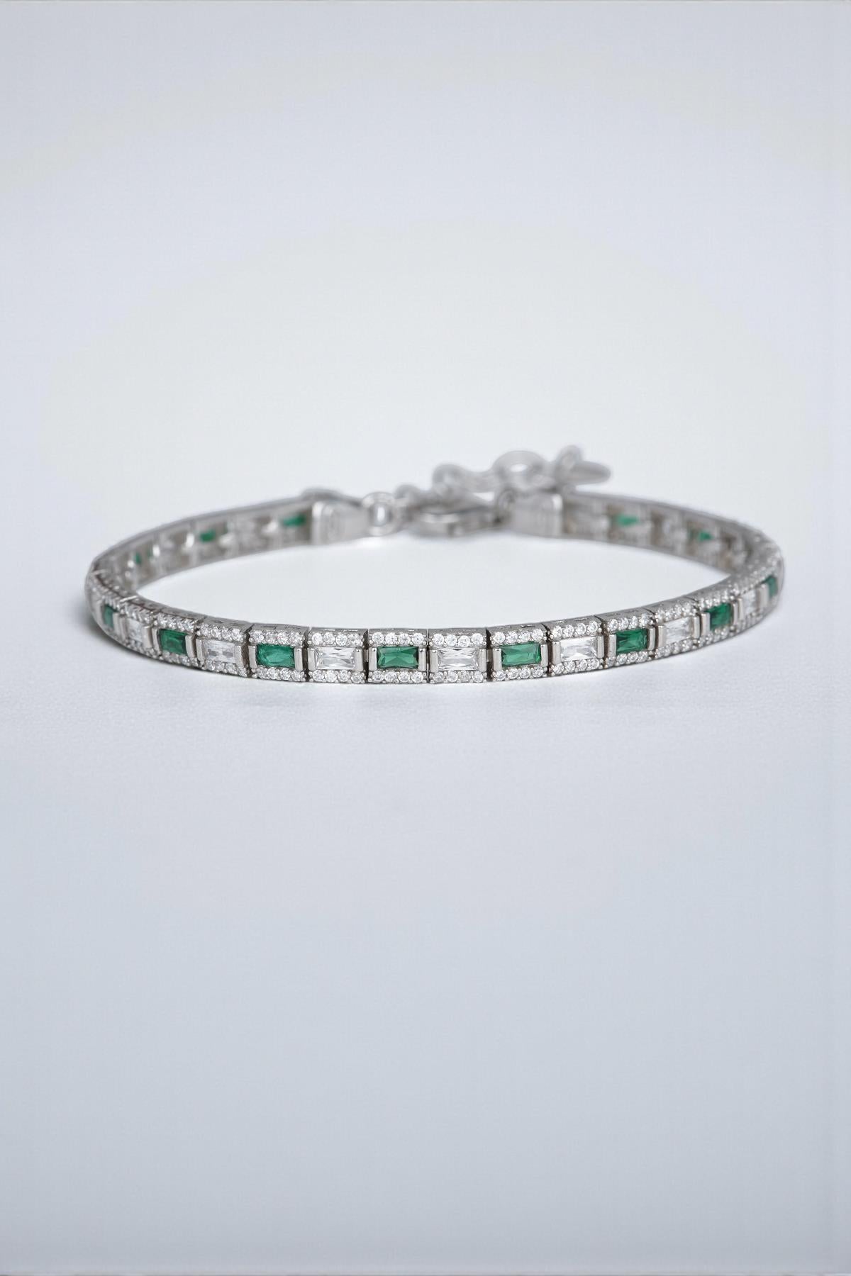 FRNCH 925 Ayar Gümüş İtalyan Model Zirkon Taşlı Yeşil-Beyaz Renk Erkek Bileklik FRJ12181-3181-YA2