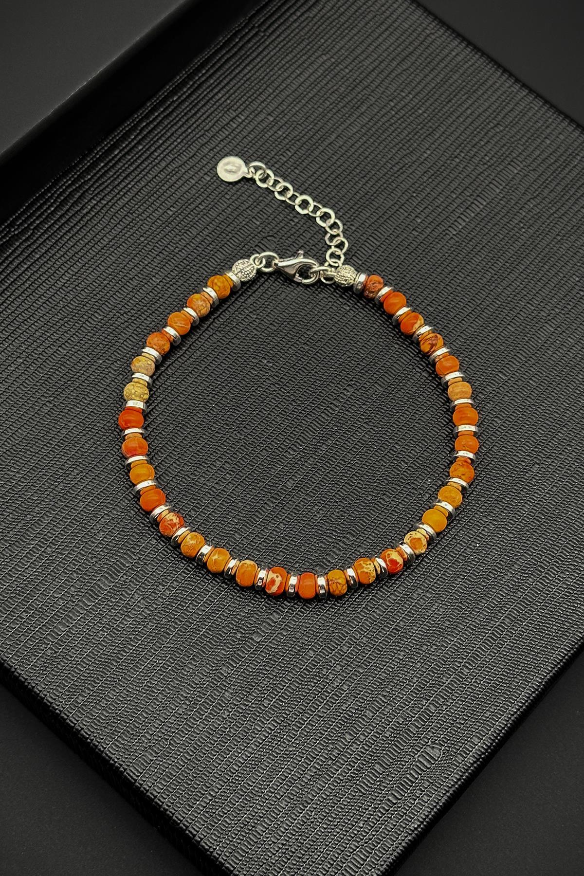 FRNCH 925 Ayar Gümüş Kilit ve Varisit Doğal Taşlı Turuncu Renk Erkek Bileklik FRJ12009-3009-T