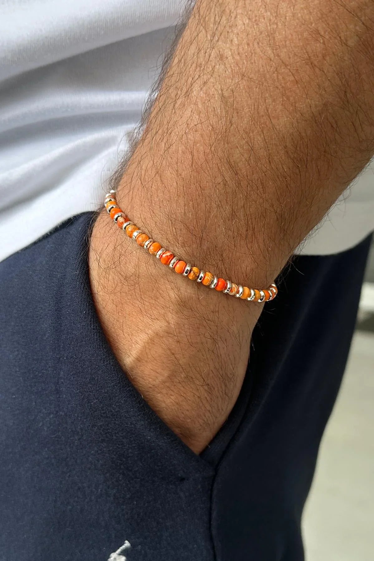 FRNCH 925 Ayar Gümüş Kilit ve Varisit Doğal Taşlı Turuncu Renk Erkek Bileklik FRJ12009-3009-T