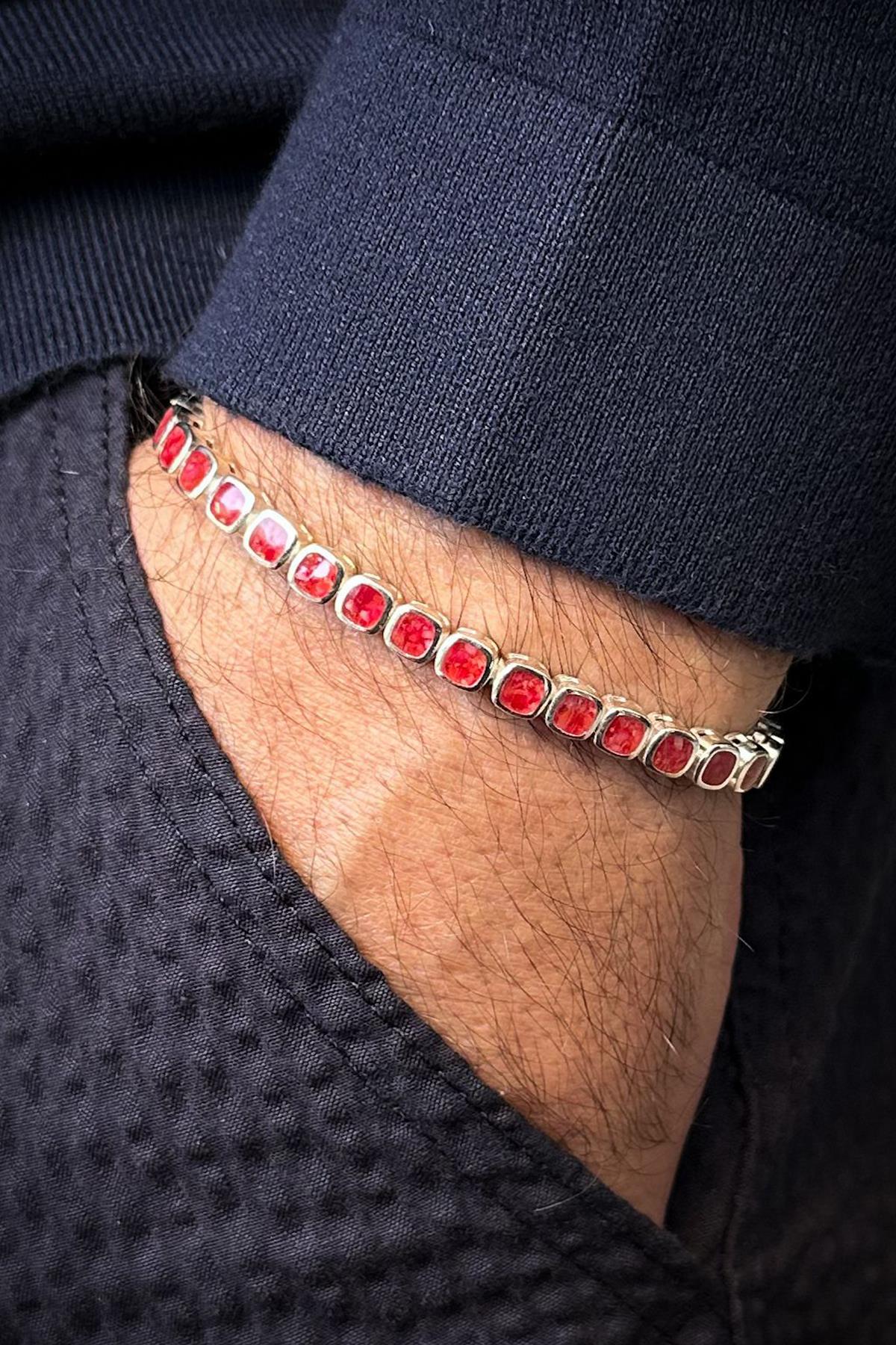 FRNCH 925 Ayar Gümüş Kırmızı Doğal Taşlı Gümüş Renk Erkek Bileklik FRJ12678-3678-K