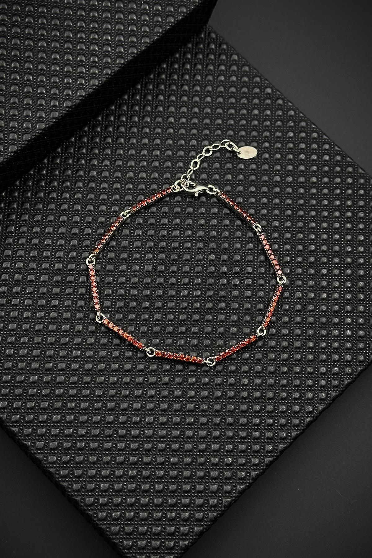 FRNCH 925 Ayar Gümüş Kırmızı Zirkon Taşlı Erkek Bileklik FRJ12593-3593-K