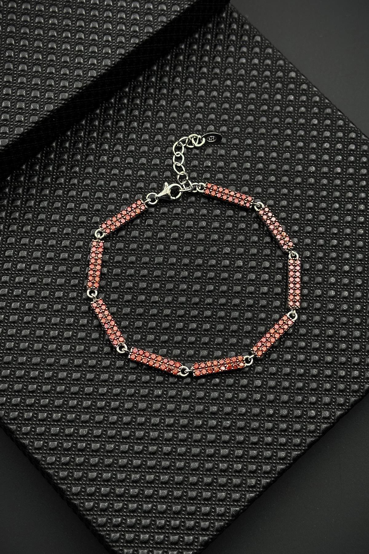 FRNCH 925 Ayar Gümüş Kırmızı Zirkon Taşlı Erkek Bileklik FRJ12594-3594-K