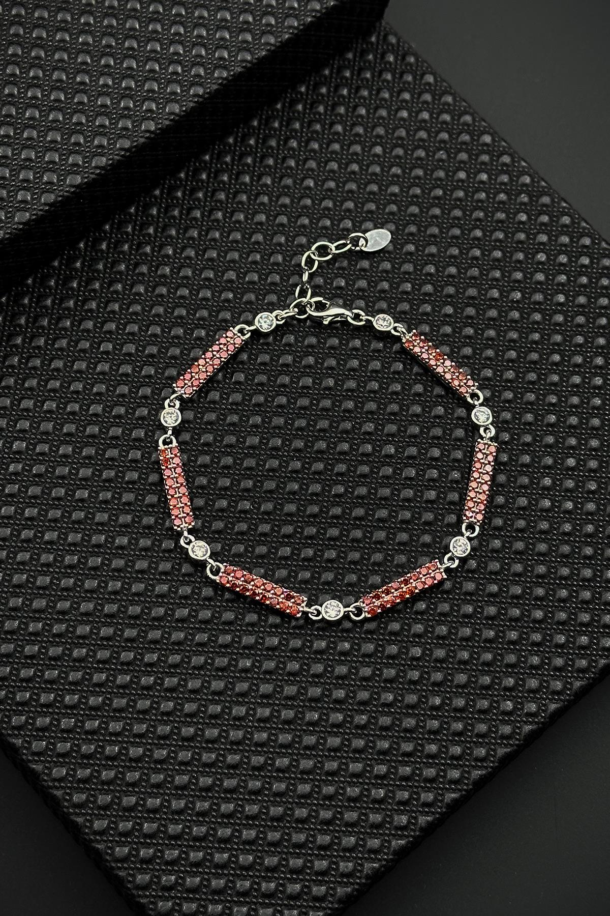 FRNCH 925 Ayar Gümüş Kırmızı Zirkon Taşlı Erkek Bileklik FRJ12595-3595-K