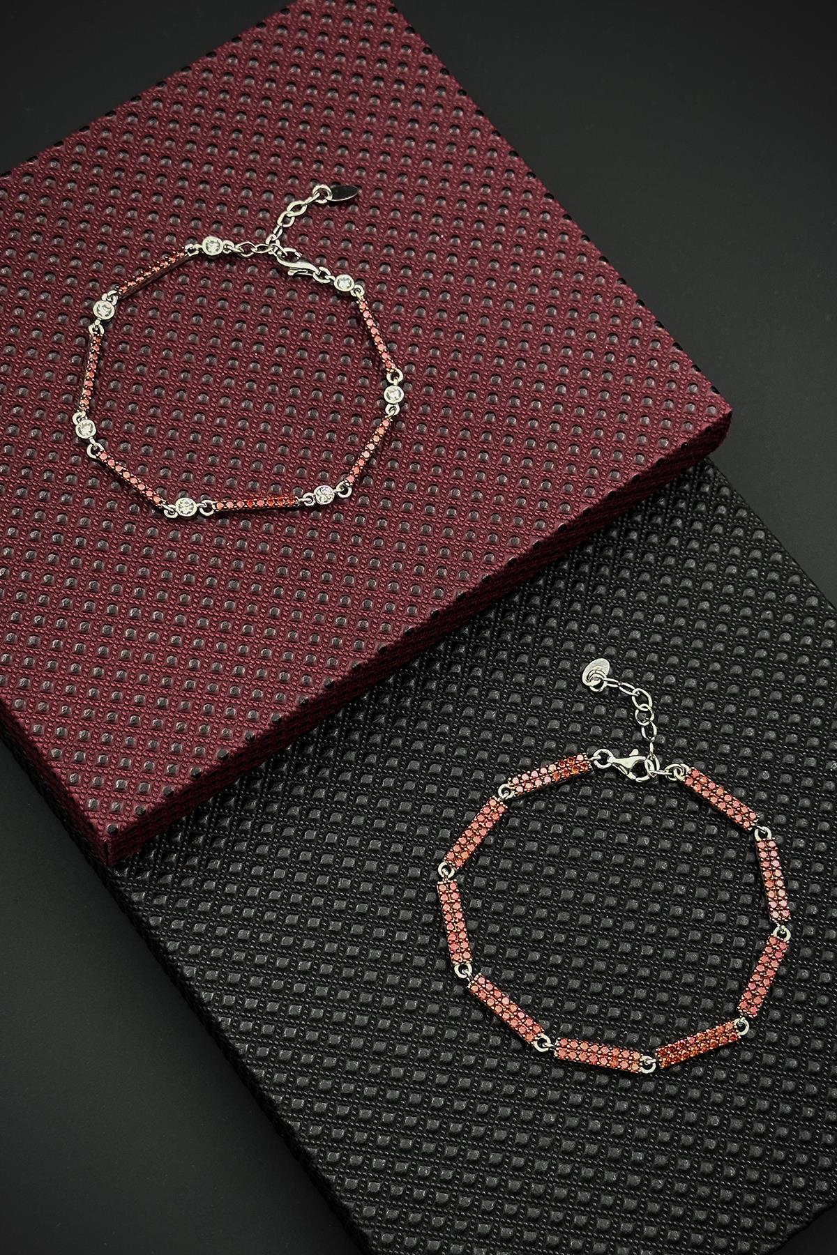FRNCH 925 Ayar Gümüş Kırmızı Zirkon Taşlı Erkek/Kadın Bileklik Set FRJ12597-3597-K