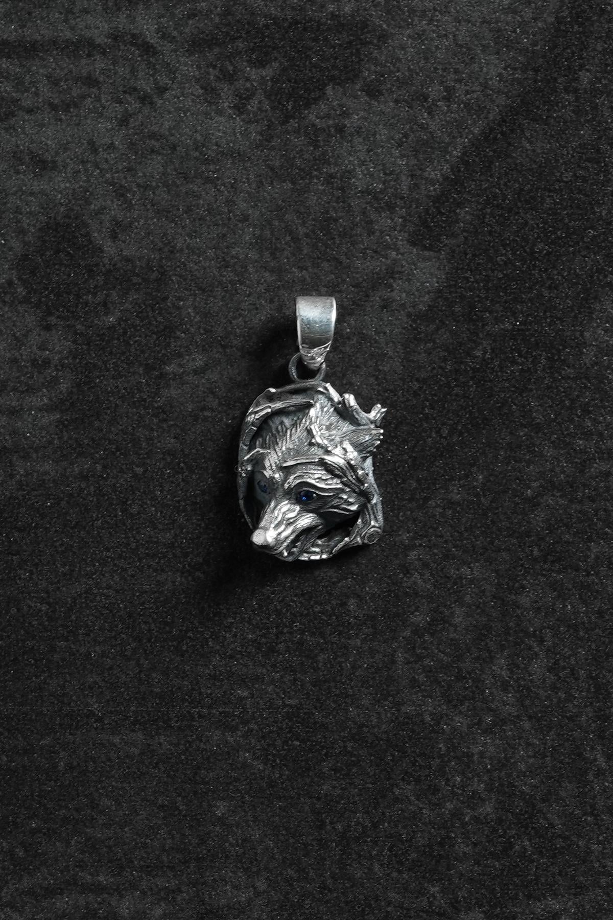 FRNCH 925 Ayar Gümüş Kurt Figürlü Gümüş Renk Erkek Kolye Ucu FRKU-1125