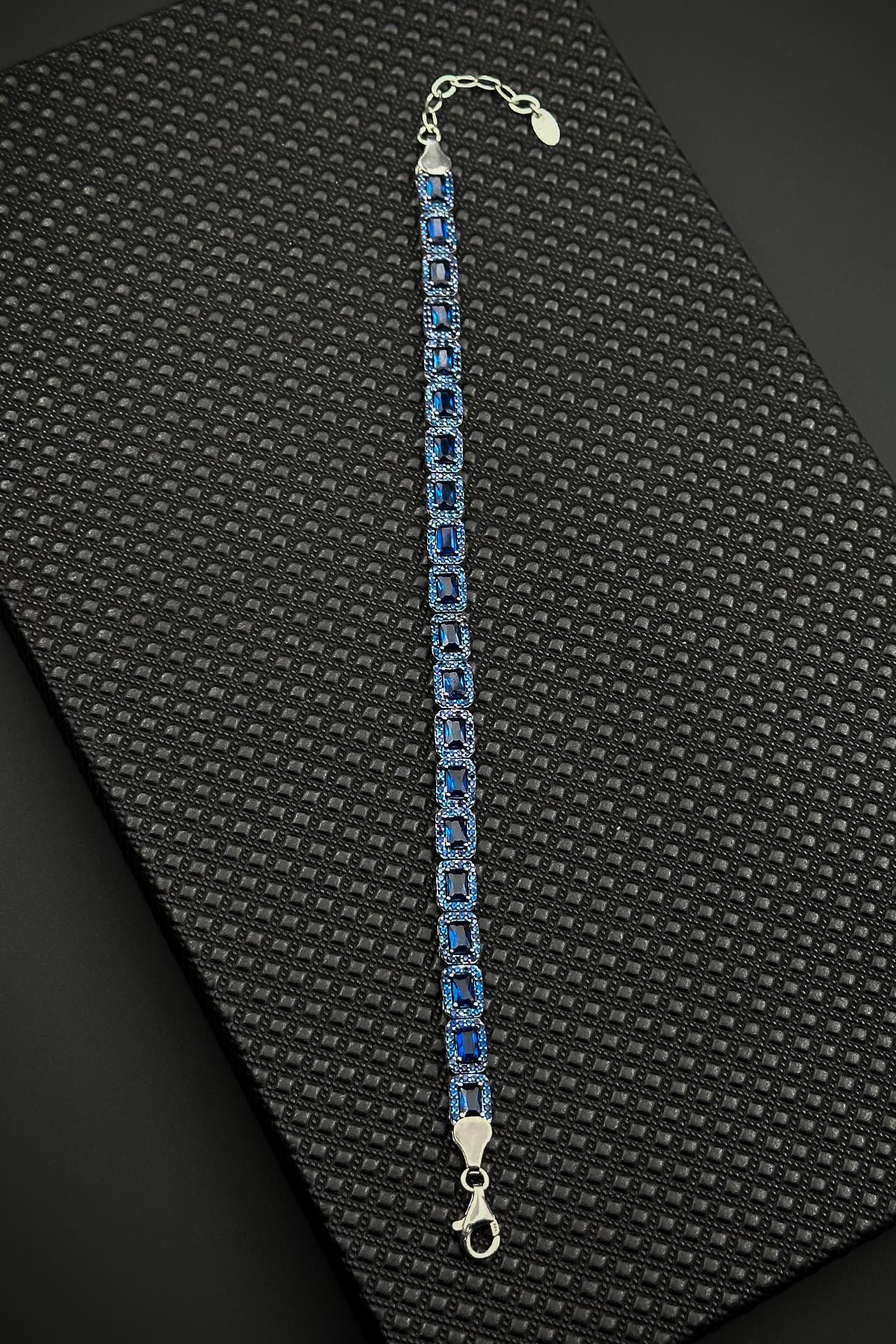 FRNCH 925 Ayar Gümüş Lacivert Baget Zirkon Taşlı Gümüş Renk Erkek Bileklik FRJ12644-3644-L