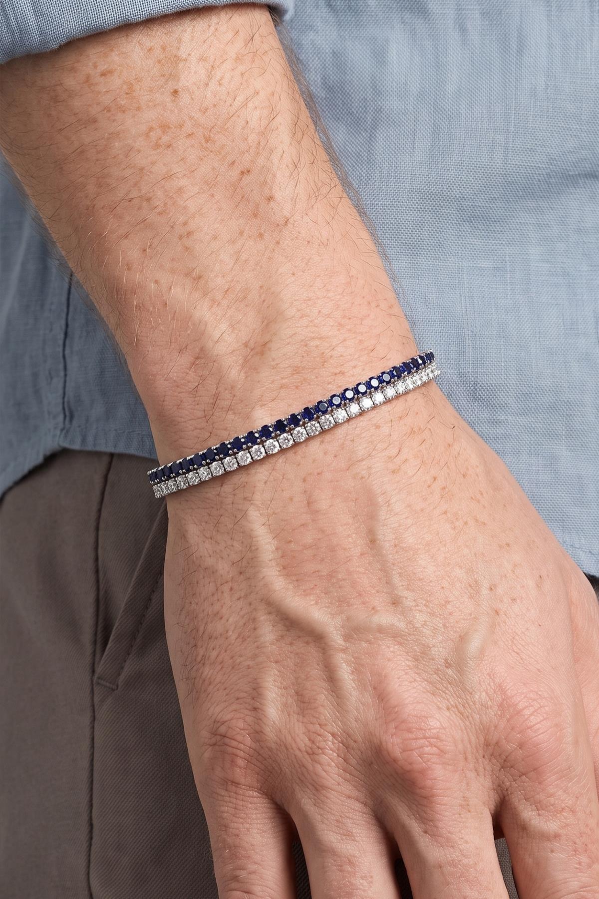 FRNCH 925 Ayar Gümüş Lacivert-Beyaz Zirkon Taşlı Çift Sıralı Tek Zincirli Erkek Bileklik FRM13006-4006-LA