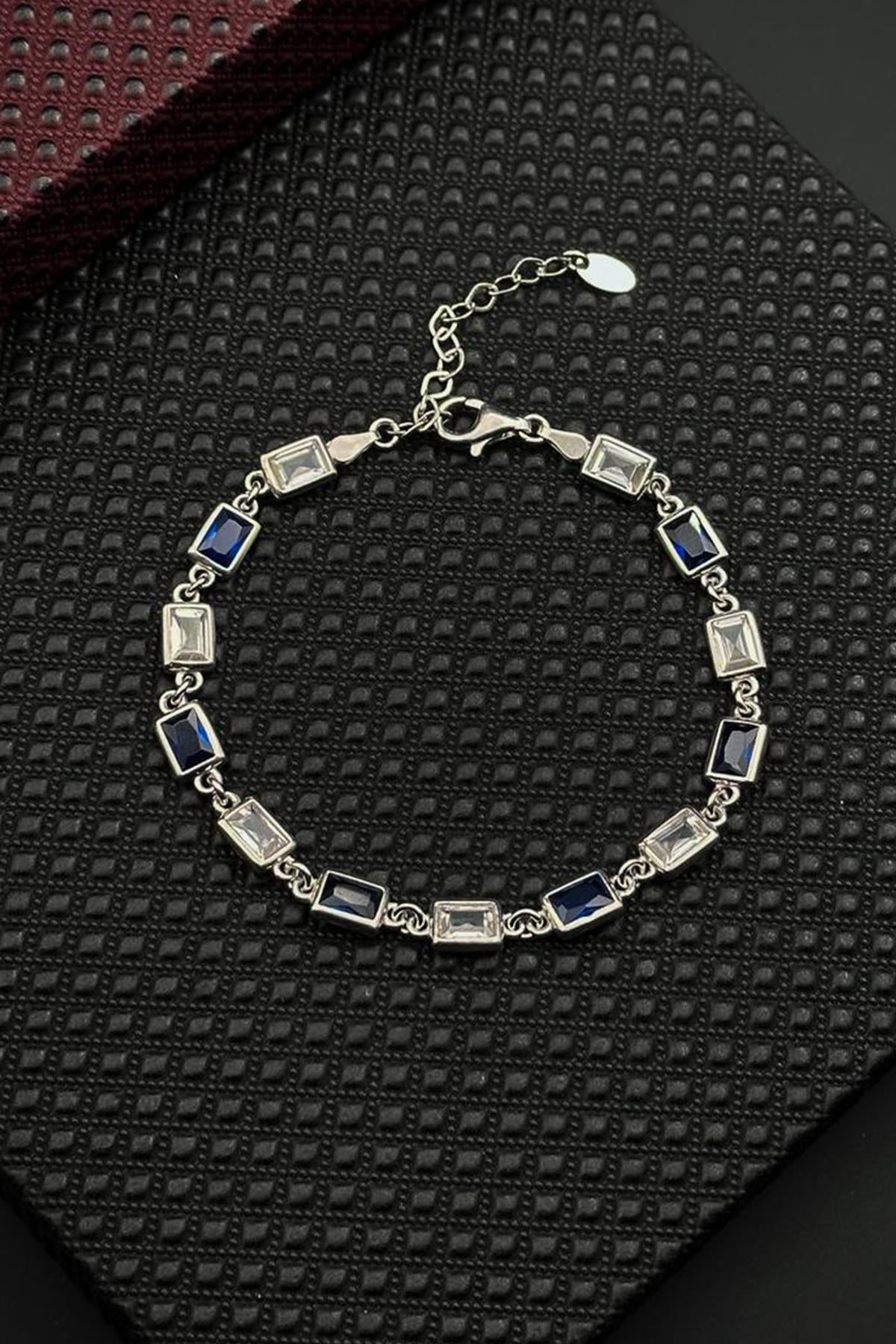 FRNCH 925 Ayar Gümüş Lacivert-Beyaz Zirkon Taşlı Gümüş Renk Erkek Bileklik FRJ12677-3677-LA