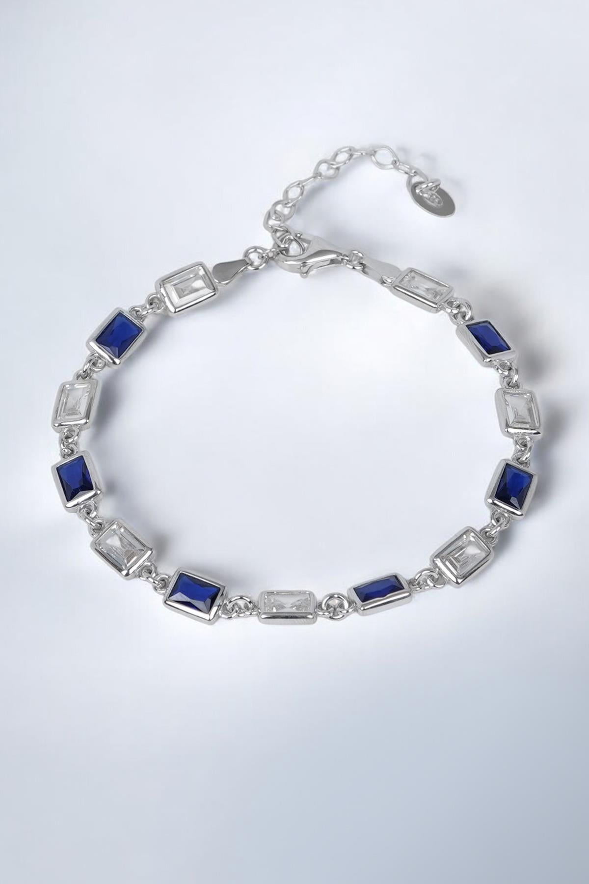 FRNCH 925 Ayar Gümüş Lacivert-Beyaz Zirkon Taşlı Gümüş Renk Erkek Bileklik FRJ12677-3677-LA