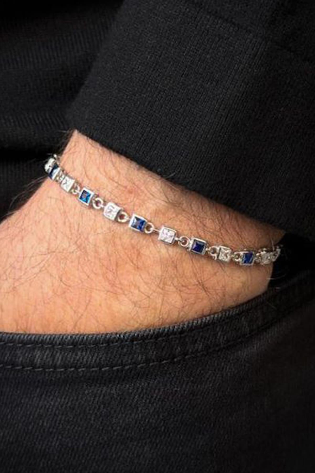 FRNCH 925 Ayar Gümüş Lacivert-Beyaz Zirkon Taşlı Gümüş Renk Erkek Bileklik FRJ12717-3717-LA