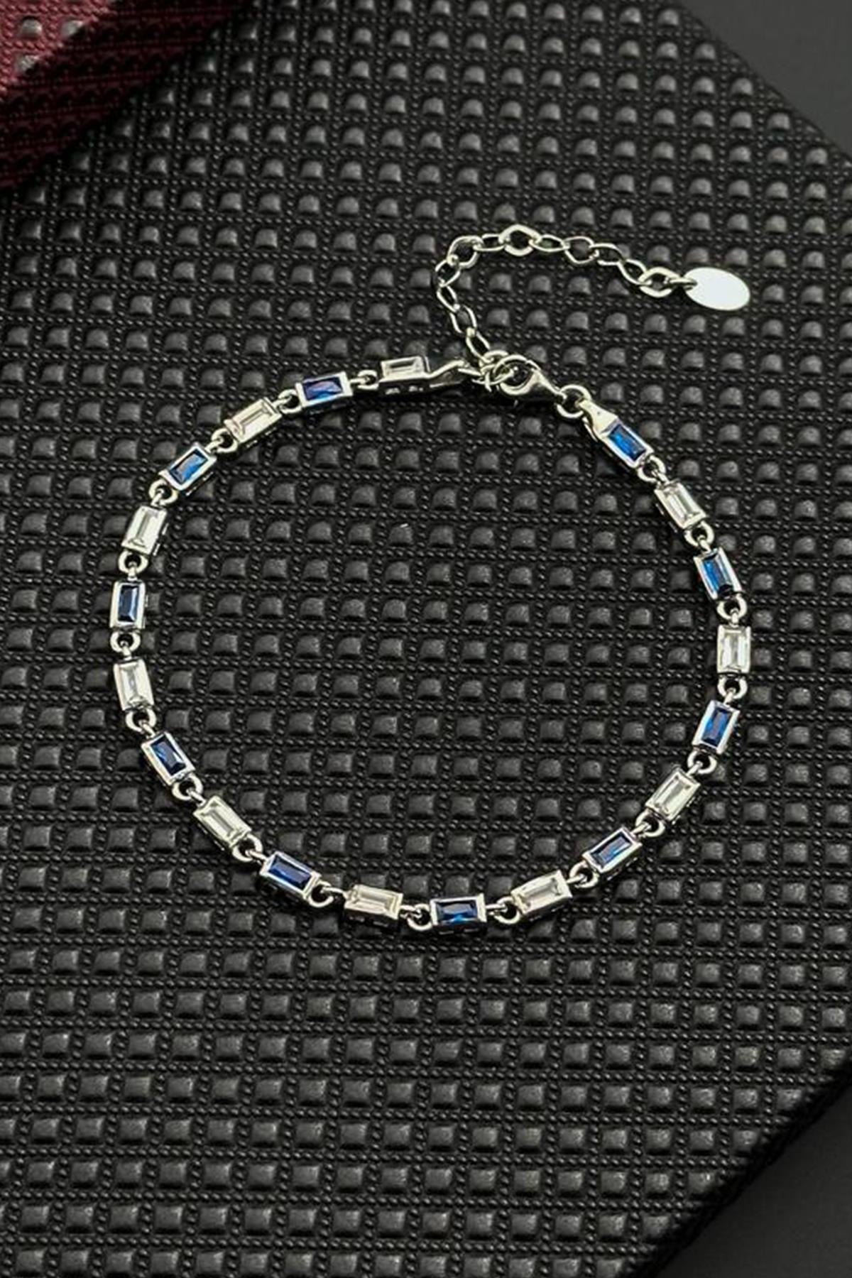 FRNCH 925 Ayar Gümüş Lacivert-Beyaz Zirkon Taşlı Gümüş Renk Erkek Bileklik FRJ12718-3718-LA