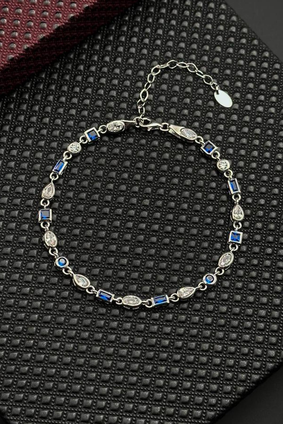 FRNCH 925 Ayar Gümüş Lacivert-Beyaz Zirkon Taşlı Gümüş Renk Erkek Bileklik FRJ12719-3719-LA