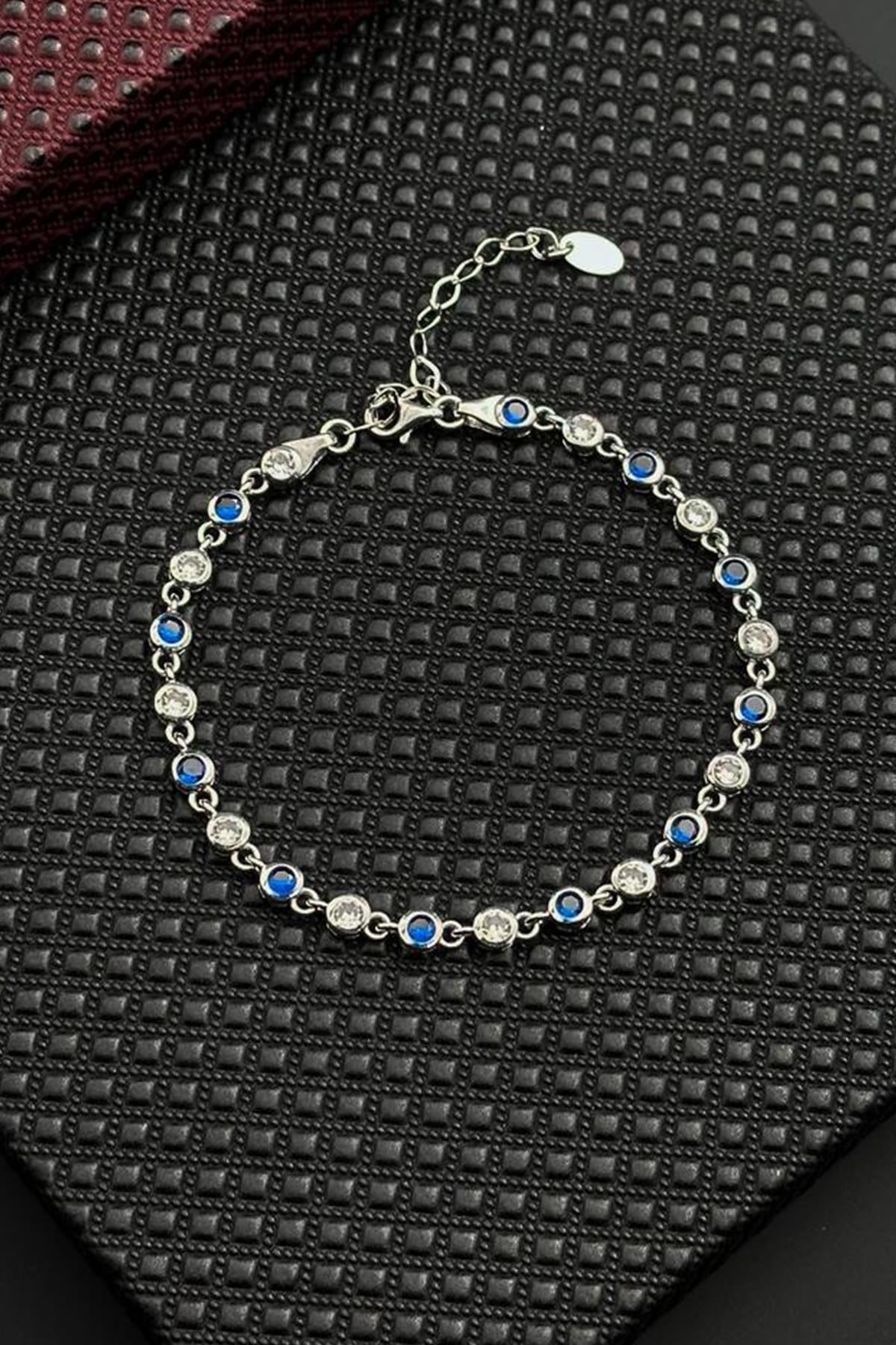 FRNCH 925 Ayar Gümüş Lacivert-Beyaz Zirkon Taşlı Gümüş Renk Erkek Bileklik FRJ12720-3720-LA