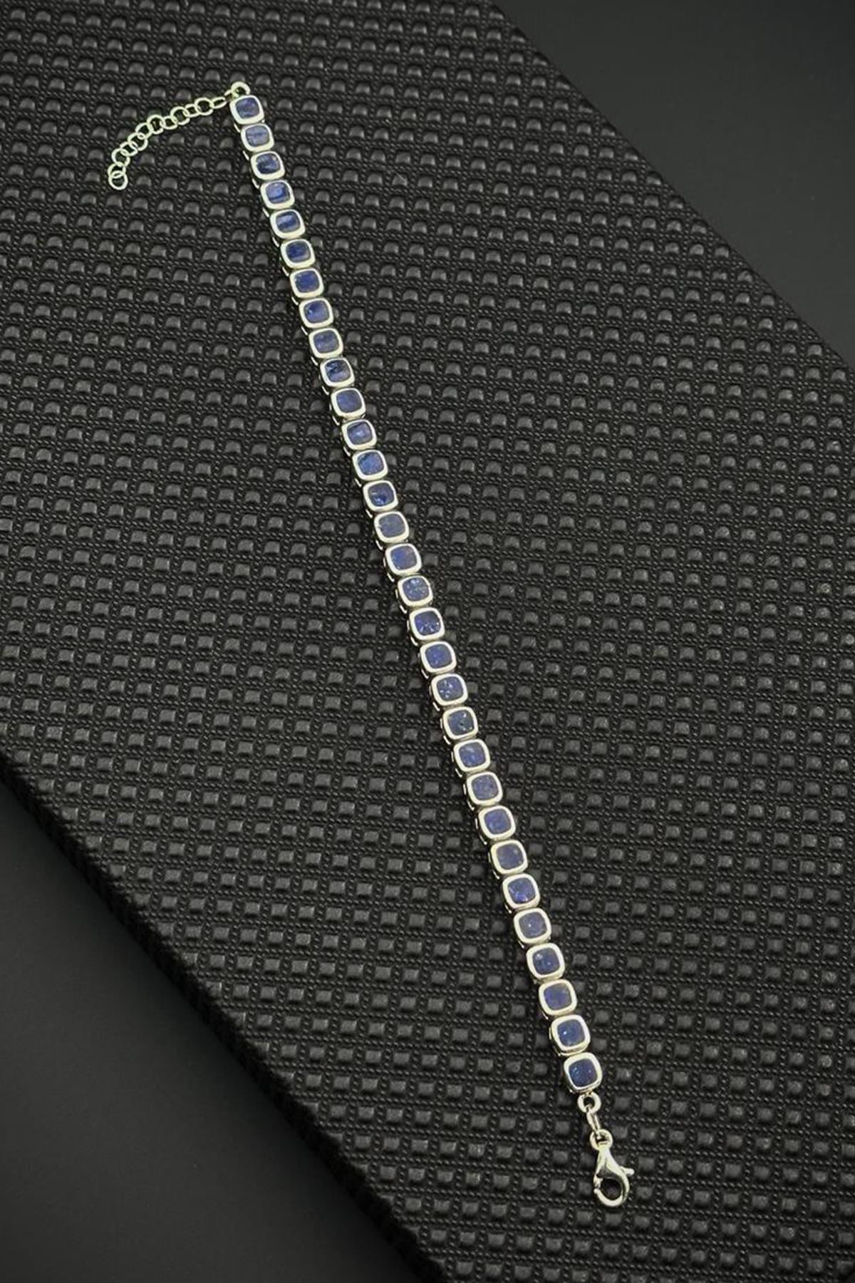 FRNCH 925 Ayar Gümüş Lacivert Doğal Taşlı Gümüş Renk Erkek Bileklik FRJ12678-3678-L