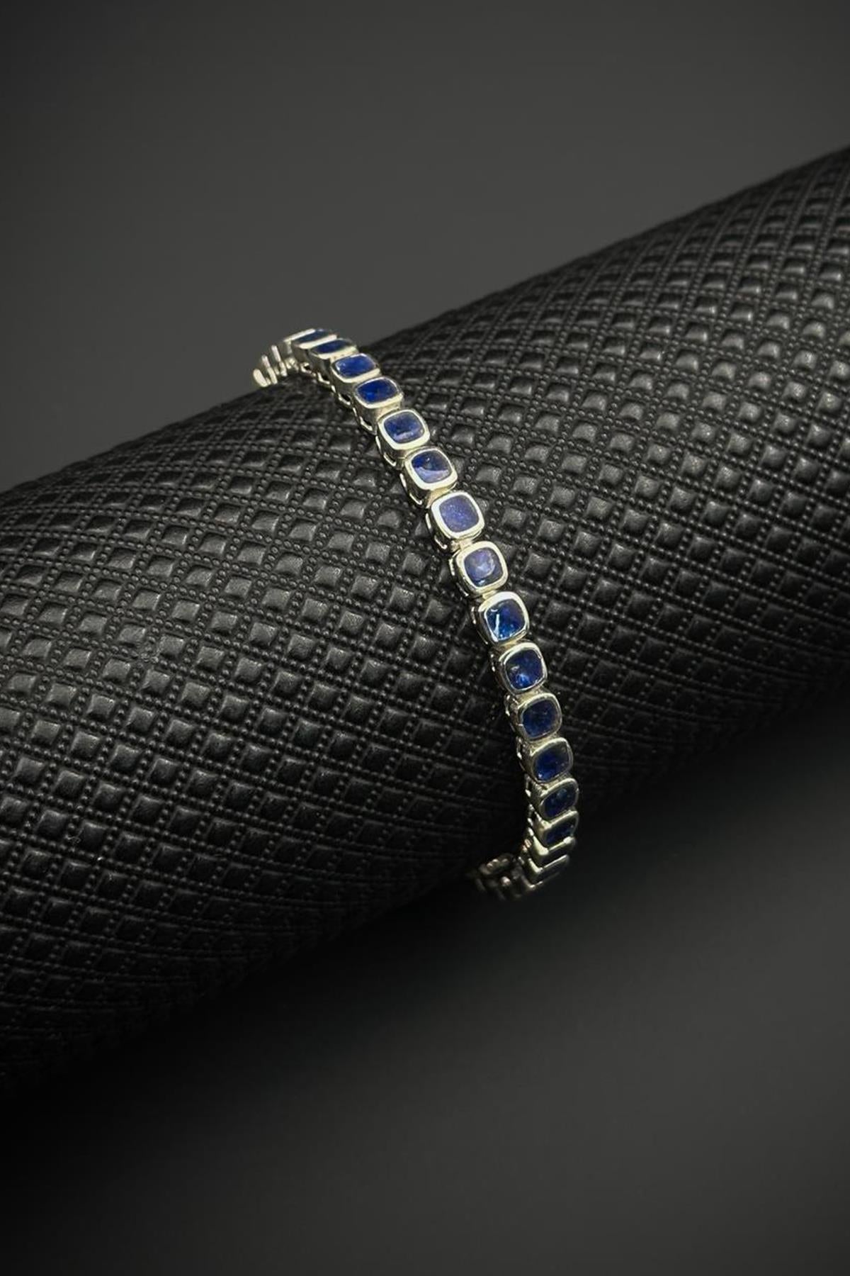 FRNCH 925 Ayar Gümüş Lacivert Doğal Taşlı Gümüş Renk Erkek Bileklik FRJ12678-3678-L