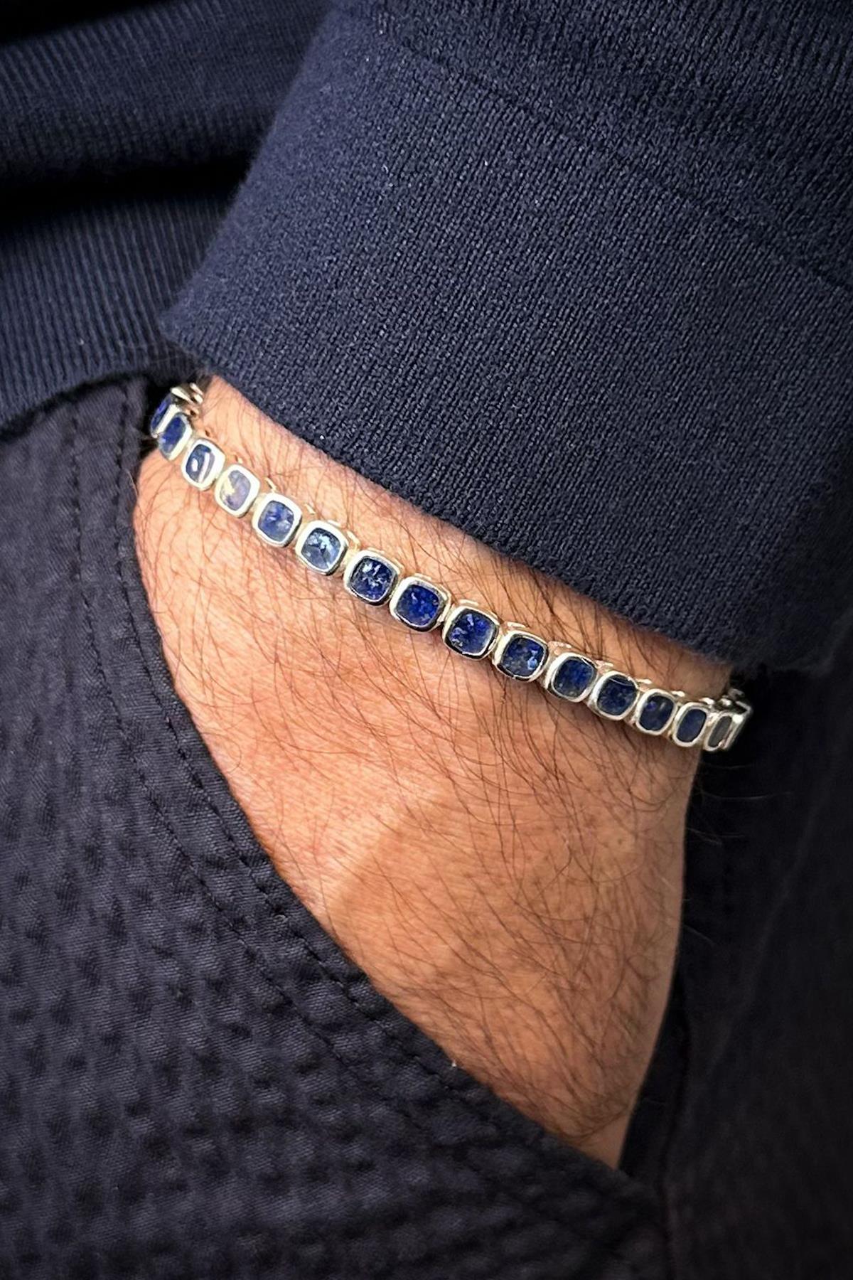 FRNCH 925 Ayar Gümüş Lacivert Doğal Taşlı Gümüş Renk Erkek Bileklik FRJ12678-3678-L