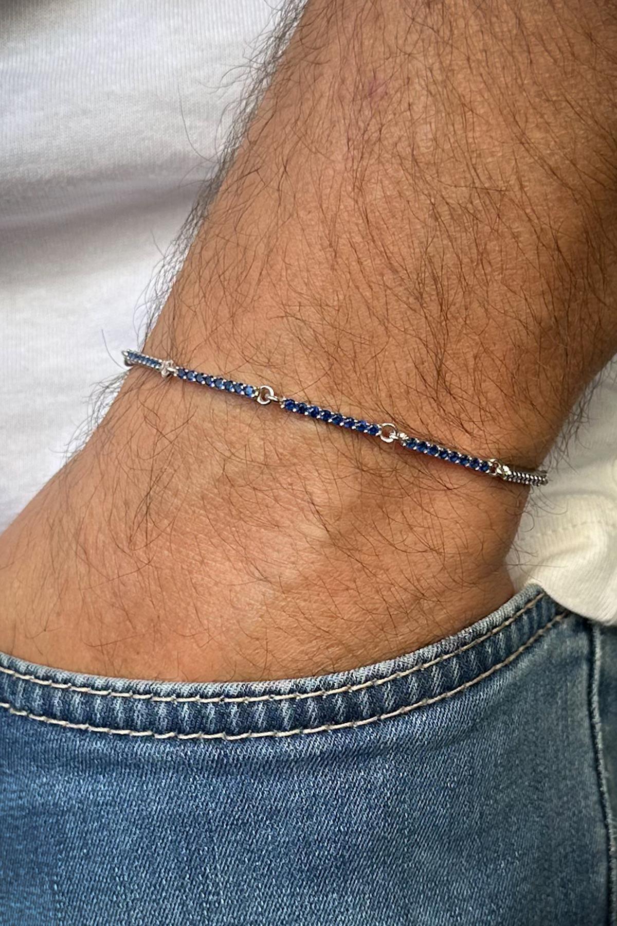 FRNCH 925 Ayar Gümüş Lacivert Zirkon Taşlı Erkek Bileklik FRJ12593-3593-L