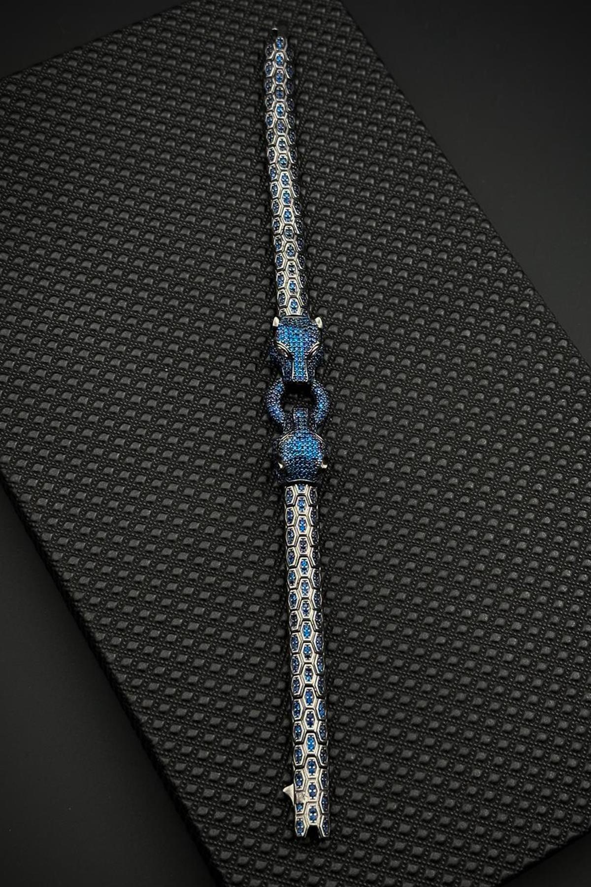 FRNCH 925 Ayar Gümüş Lacivert Zirkon Taşlı Füme Renk Erkek Bileklik FRJ12681-3681-L