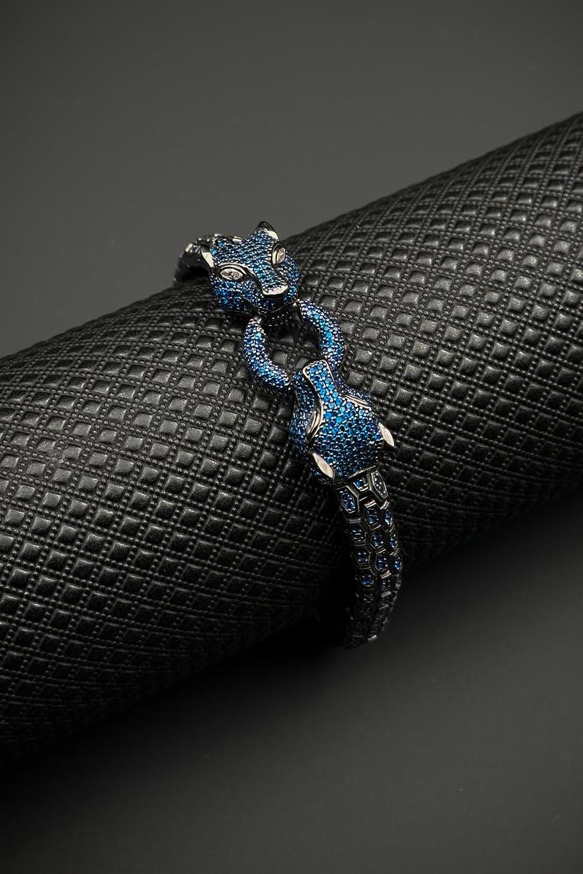 FRNCH 925 Ayar Gümüş Lacivert Zirkon Taşlı Füme Renk Erkek Bileklik FRJ12681-3681-L