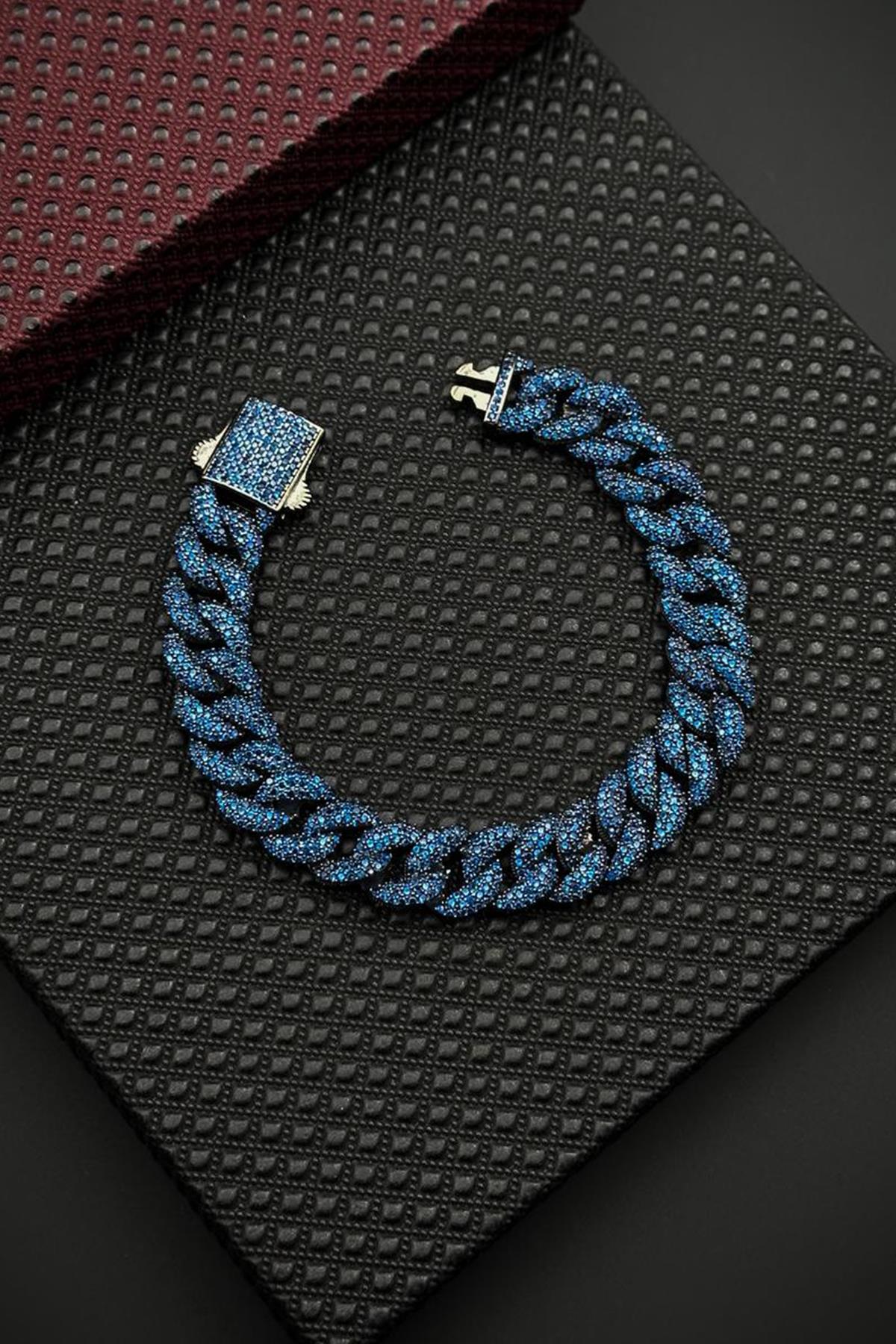 FRNCH 925 Ayar Gümüş Lacivert Zirkon Taşlı Füme Renk Erkek Bileklik FRJ12682-3682-L