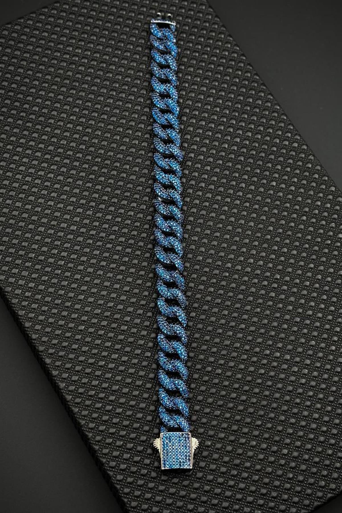 FRNCH 925 Ayar Gümüş Lacivert Zirkon Taşlı Füme Renk Erkek Bileklik FRJ12682-3682-L