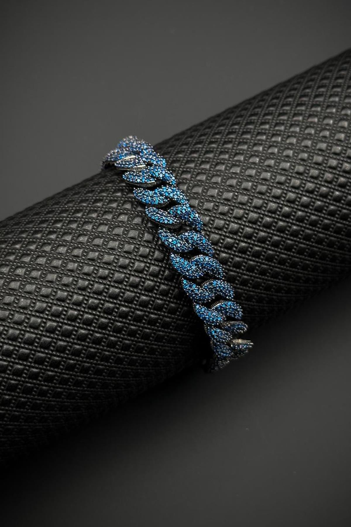 FRNCH 925 Ayar Gümüş Lacivert Zirkon Taşlı Füme Renk Erkek Bileklik FRJ12682-3682-L