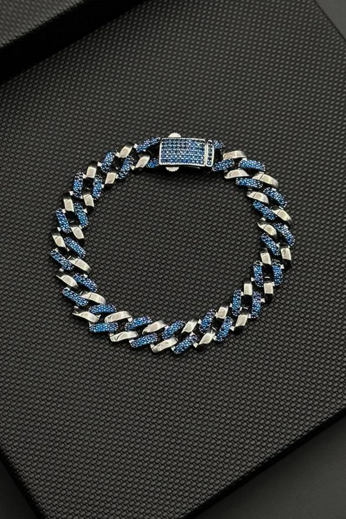 FRNCH 925 Ayar Gümüş Lacivert Zirkon Taşlı Füme Renk Erkek Bileklik FRJ12725-3725-L