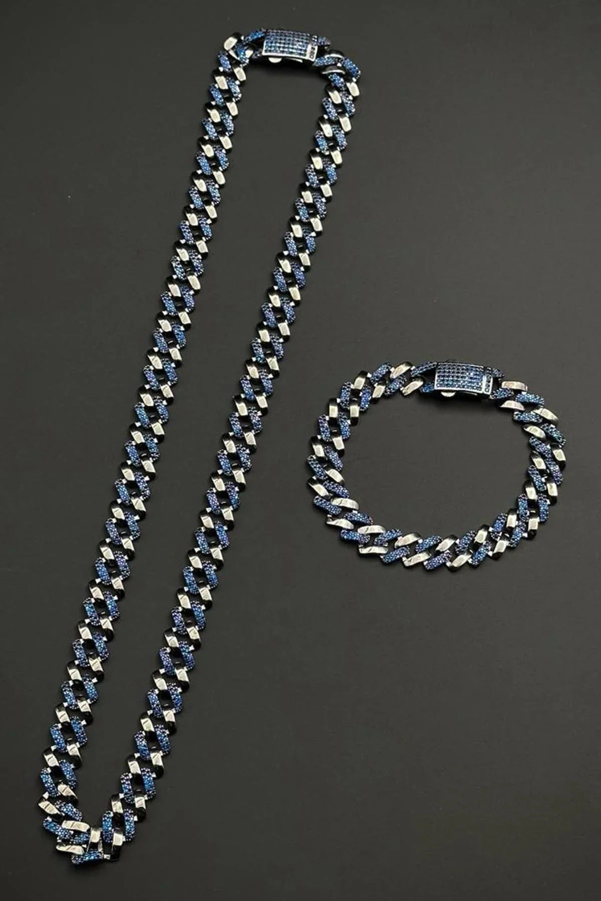 FRNCH 925 Ayar Gümüş Lacivert Zirkon Taşlı Füme Renk Erkek Bileklik/Kolye Set FRJ12726-3726-L