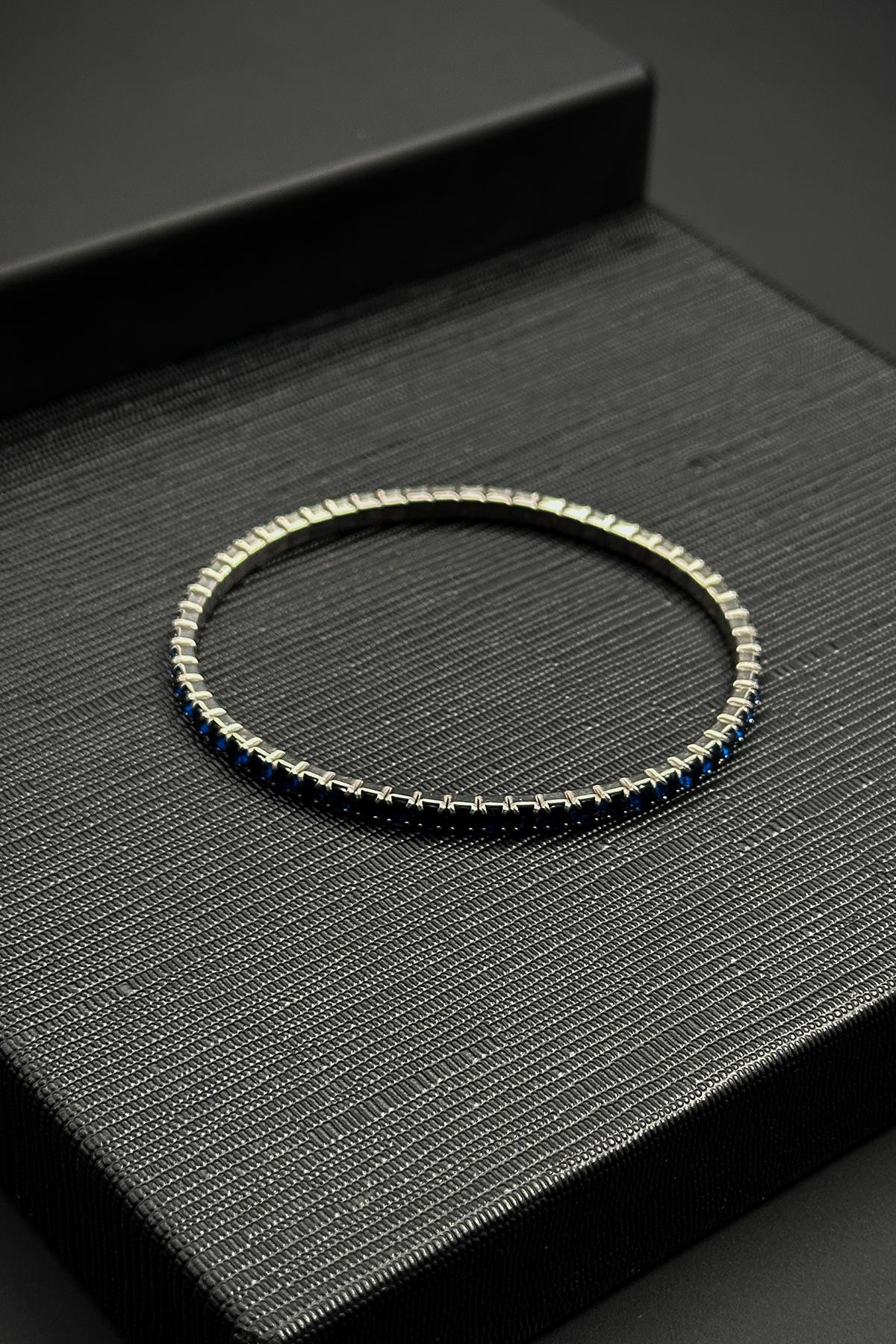 FRNCH 925 Ayar Gümüş Lacivert Zirkon Taşlı Gümüş Renk Erkek Bileklik FRJ12447-3447-L