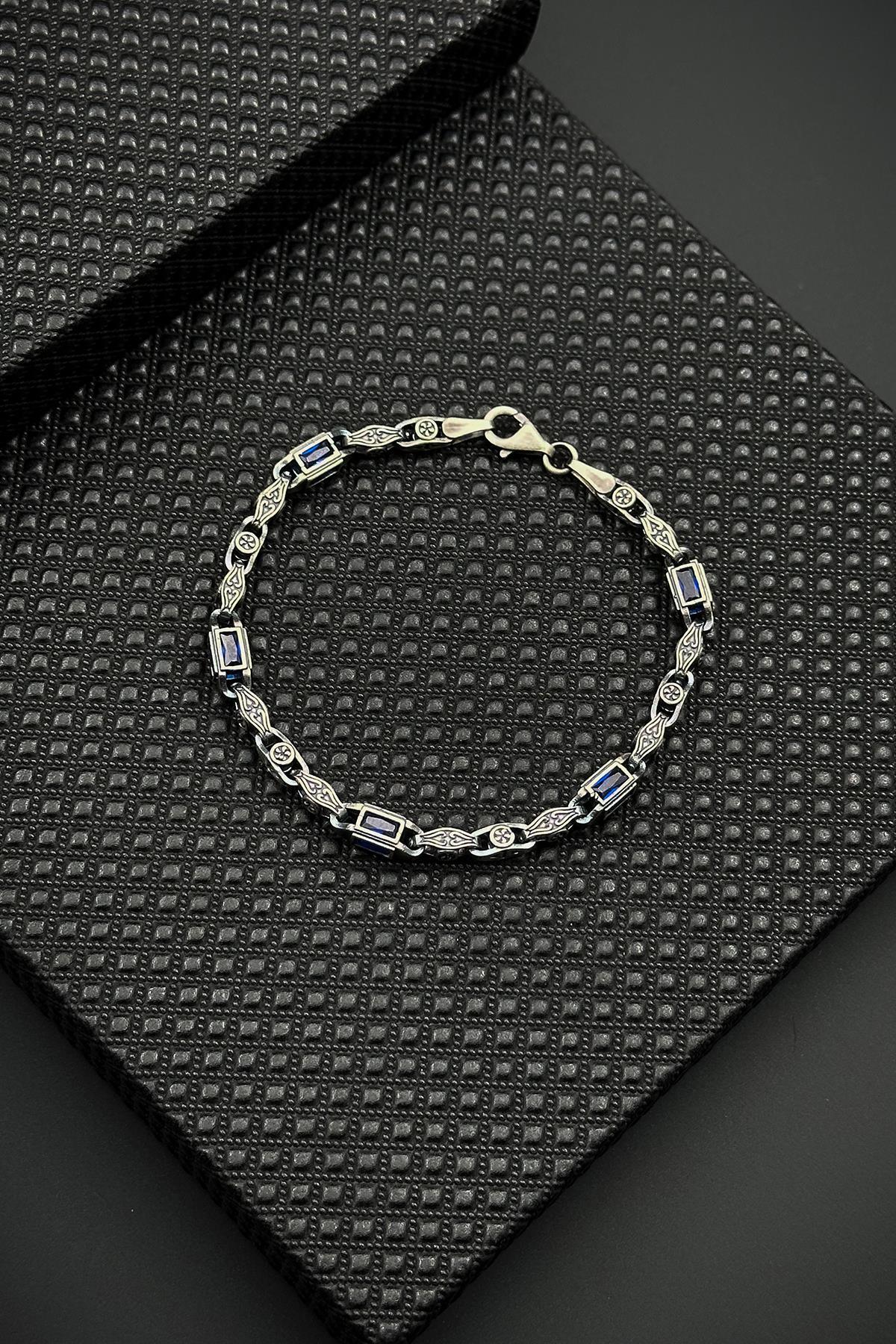 FRNCH 925 Ayar Gümüş Lacivert Zirkon Taşlı Gümüş Renk Erkek Bileklik FRJ12653-3653-L