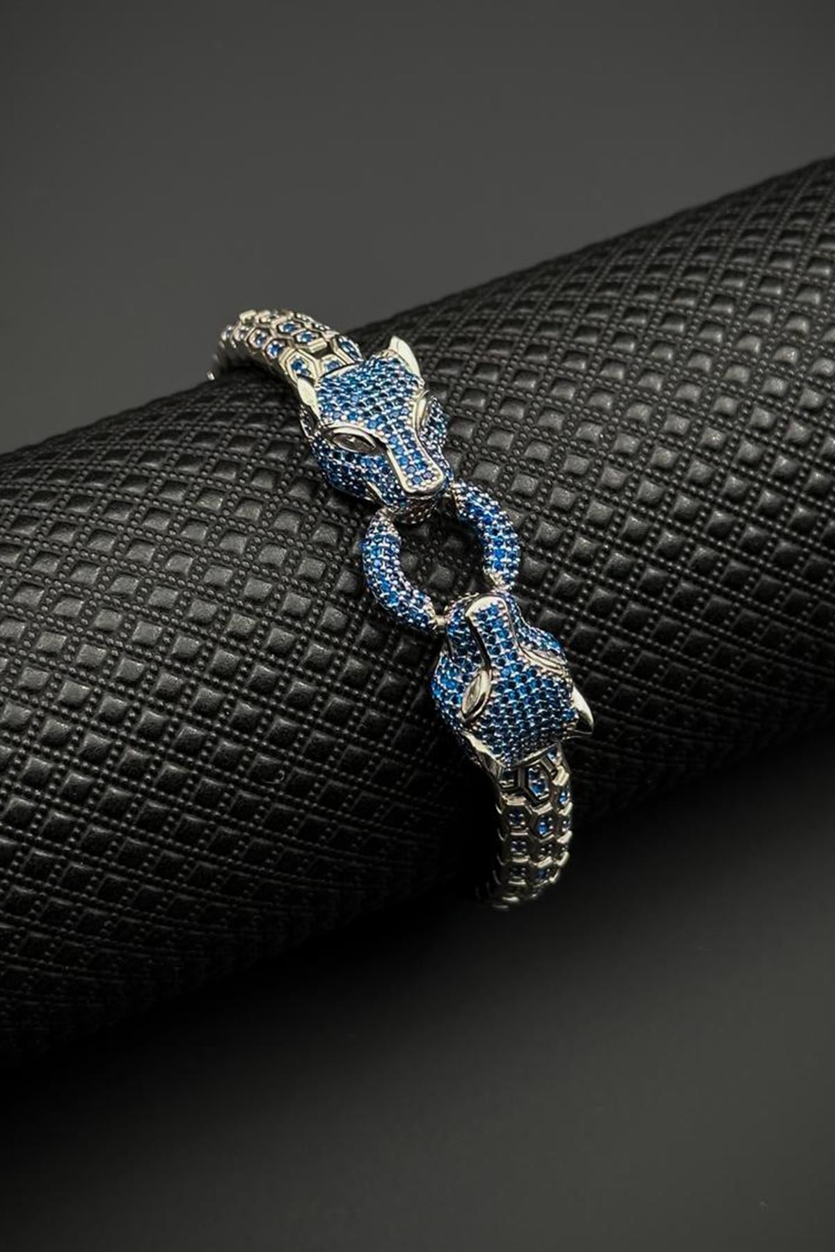 FRNCH 925 Ayar Gümüş Lacivert Zirkon Taşlı Gümüş Renk Erkek Bileklik FRJ12681-3681-LA