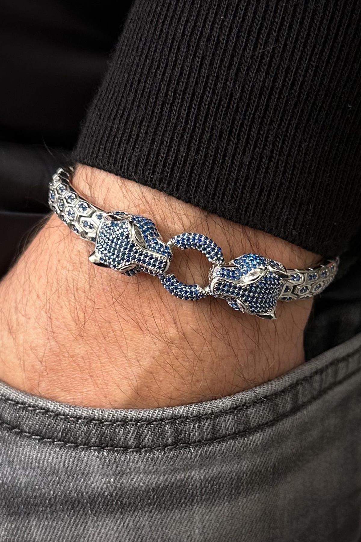 FRNCH 925 Ayar Gümüş Lacivert Zirkon Taşlı Gümüş Renk Erkek Bileklik FRJ12681-3681-LA