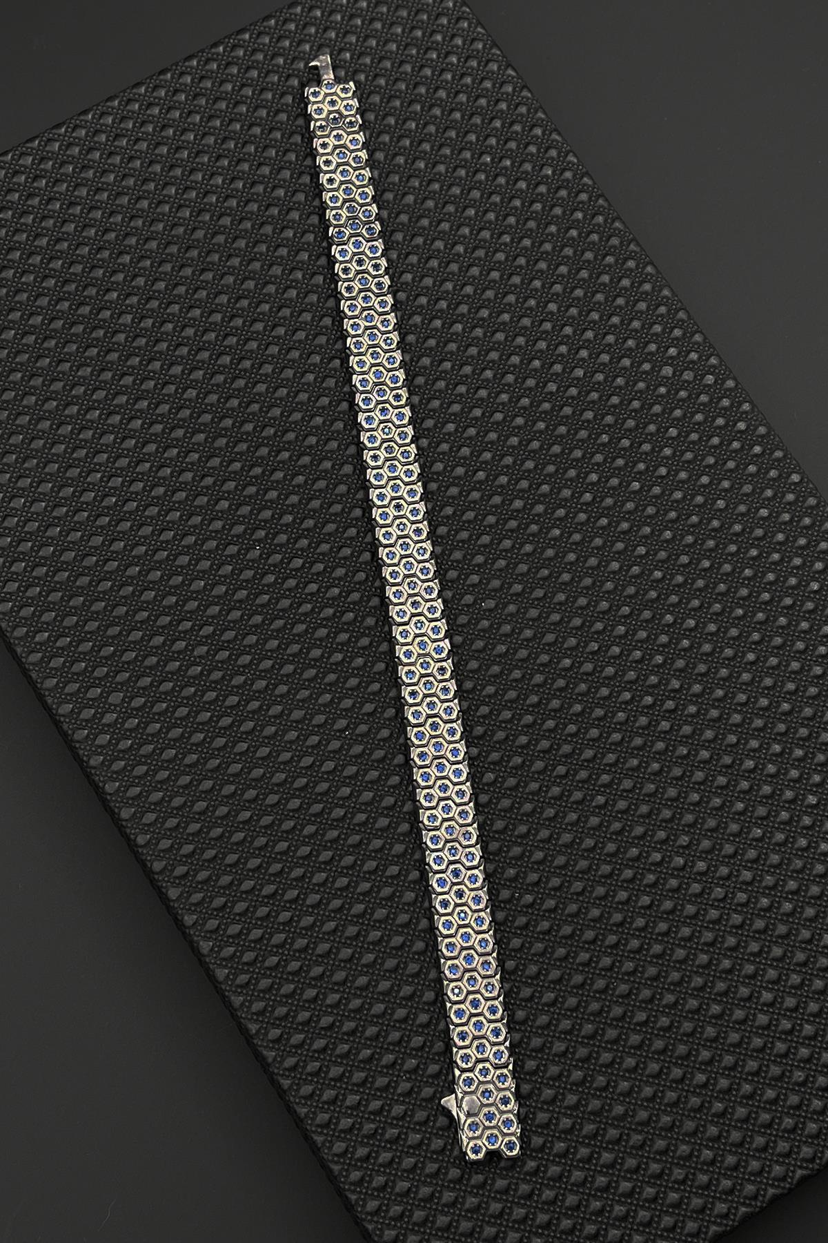 FRNCH 925 Ayar Gümüş Lacivert Zirkon Taşlı Gümüş Renk Erkek Bileklik FRJ12684-3684-L